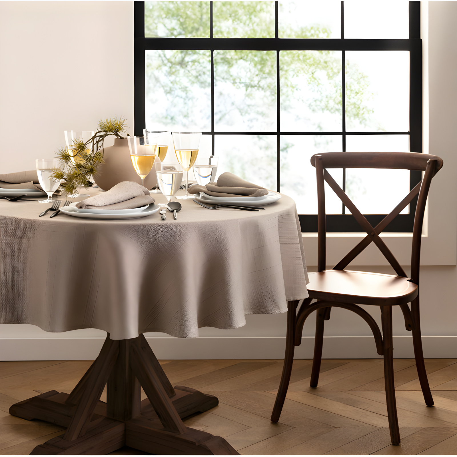 Taupe Round Textured Water-Resistant Polyester Tablecloth