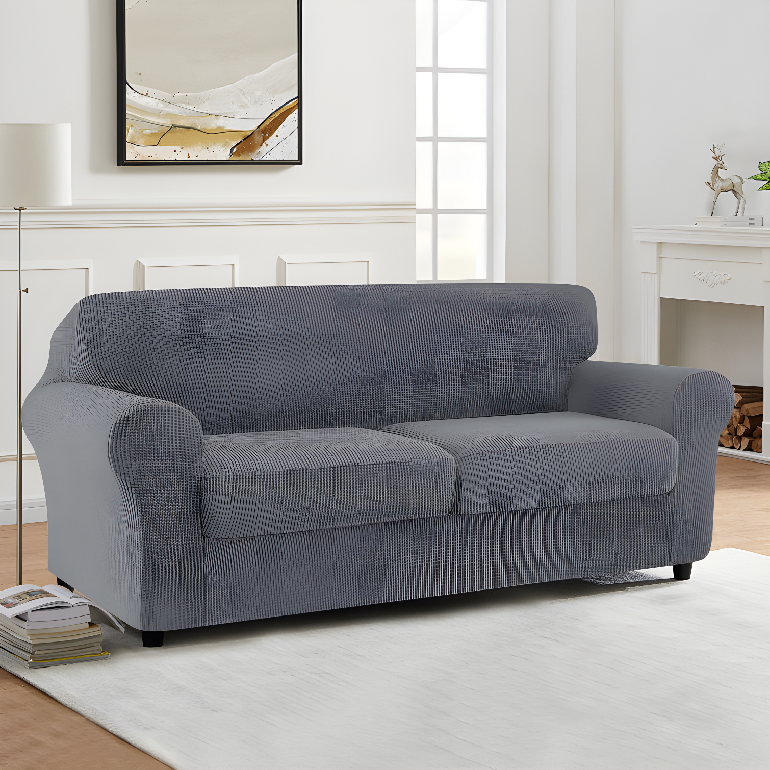 Light Gray Textured Grid Stretch Loveseat Slipcover