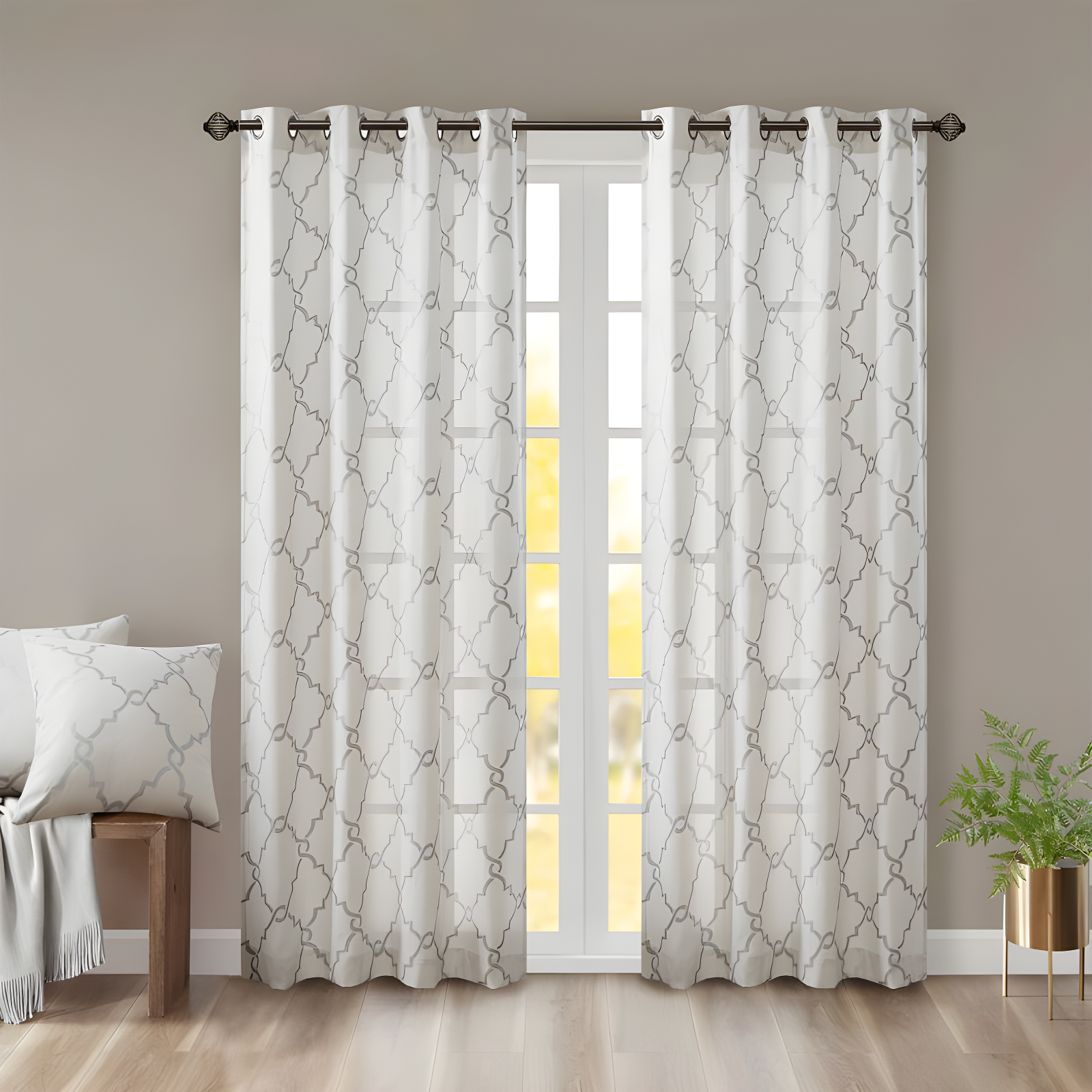 Ivory and Grey Light-Filtering Grommet Top Drapes