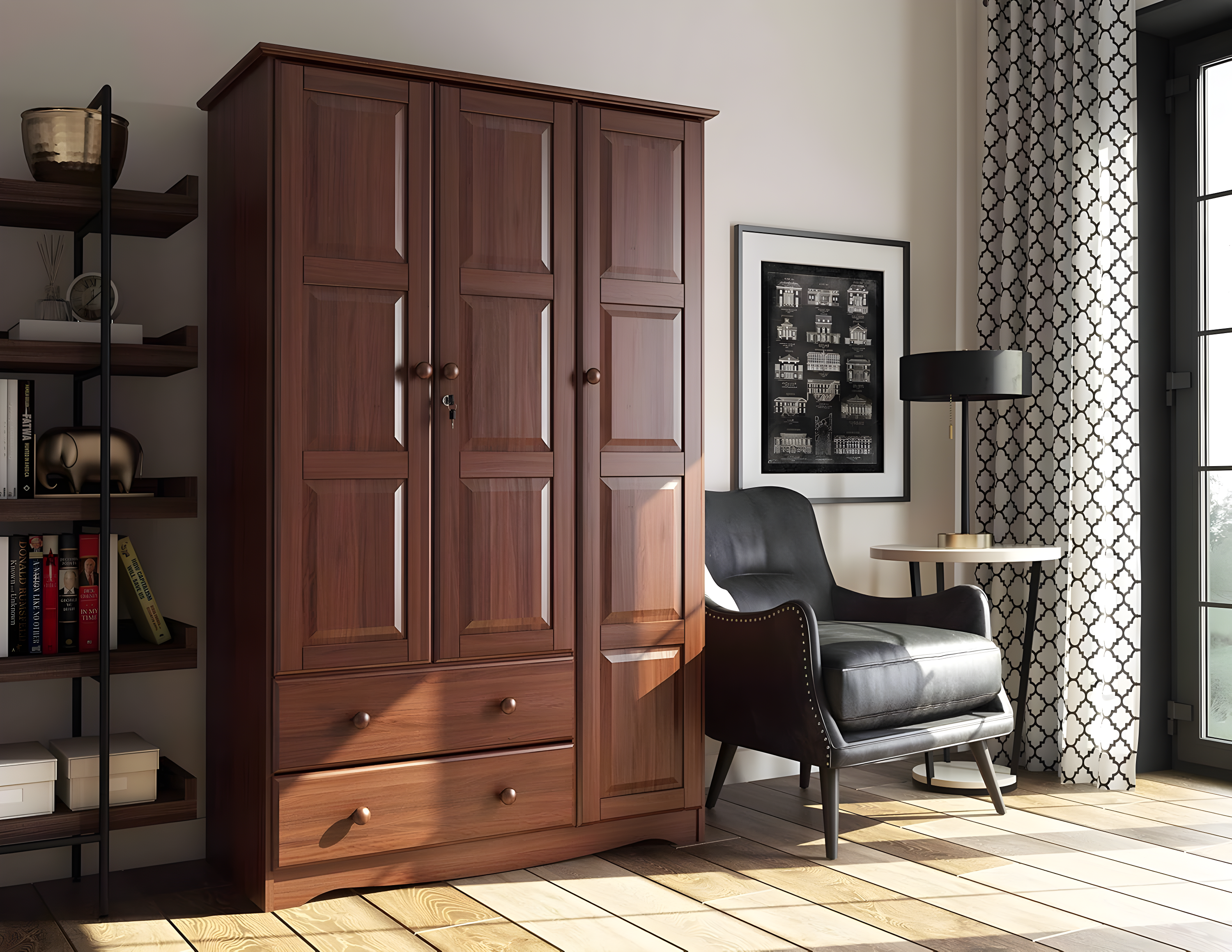 Eco-Friendly Mocha Solid Wood Transitional Grand Wardrobe with Shelves and Drawers