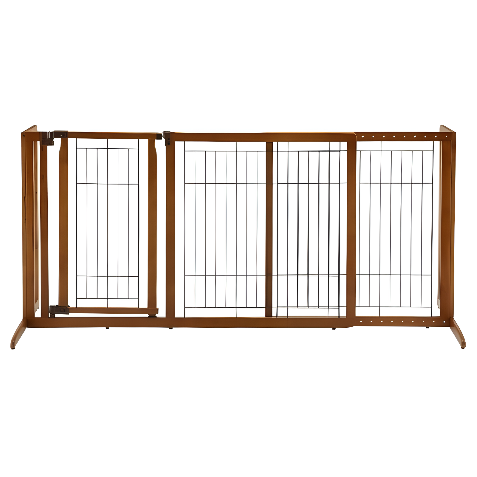 Medium Brown Wood and Metal Freestanding Pet Gate with Door