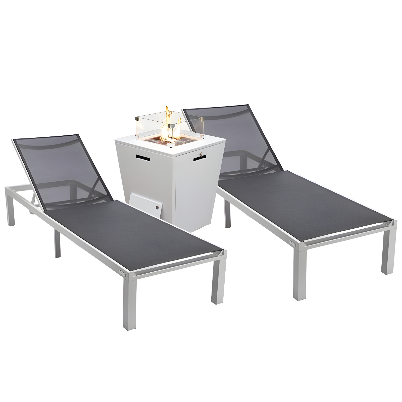 Marlin Modern White Aluminum Patio Chaise Lounge Chair Set with Fire Pit Table