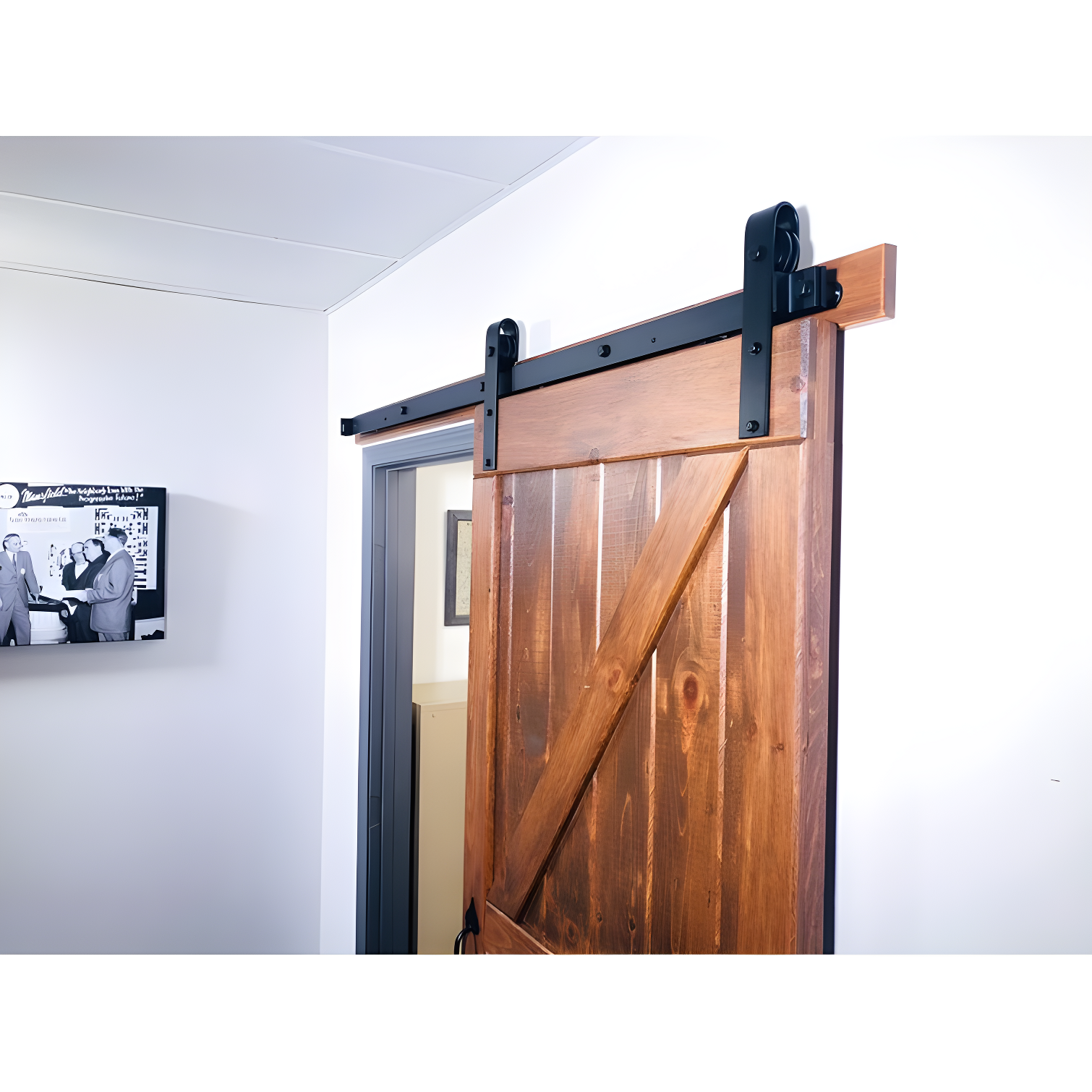 Black Square End Rolling Barn Door Hardware Kit with 96-Inch Track