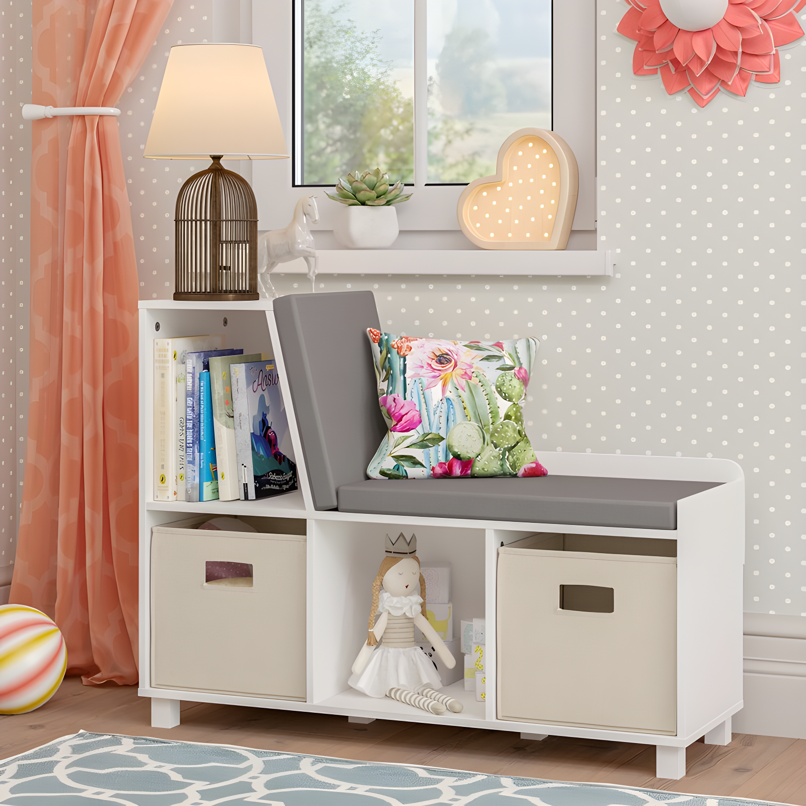 White Kids Reading Nook Cushioned Storage Bench with Taupe Bins