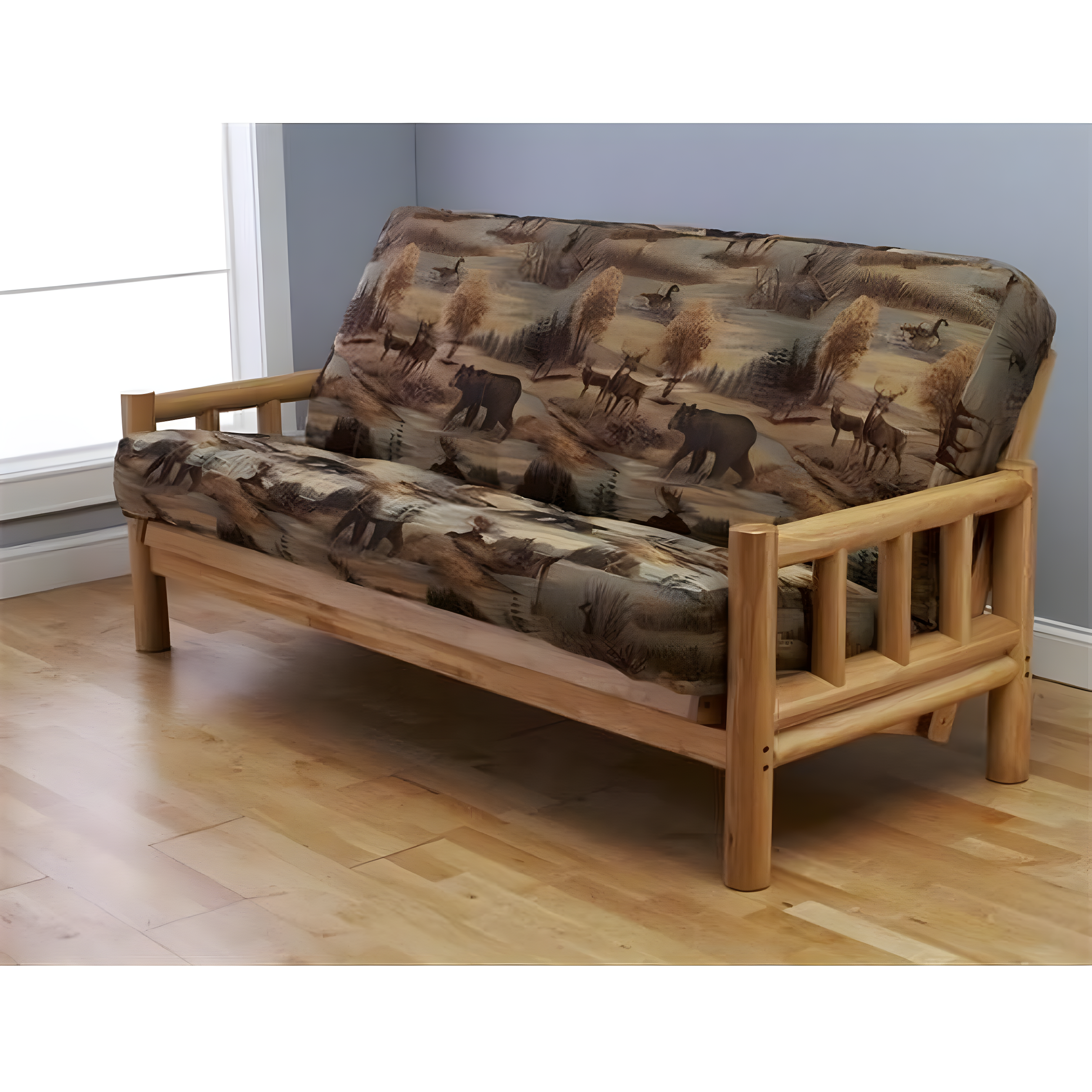 Rustic Full-Size Natural Wood Futon with Canadian Print Mattress