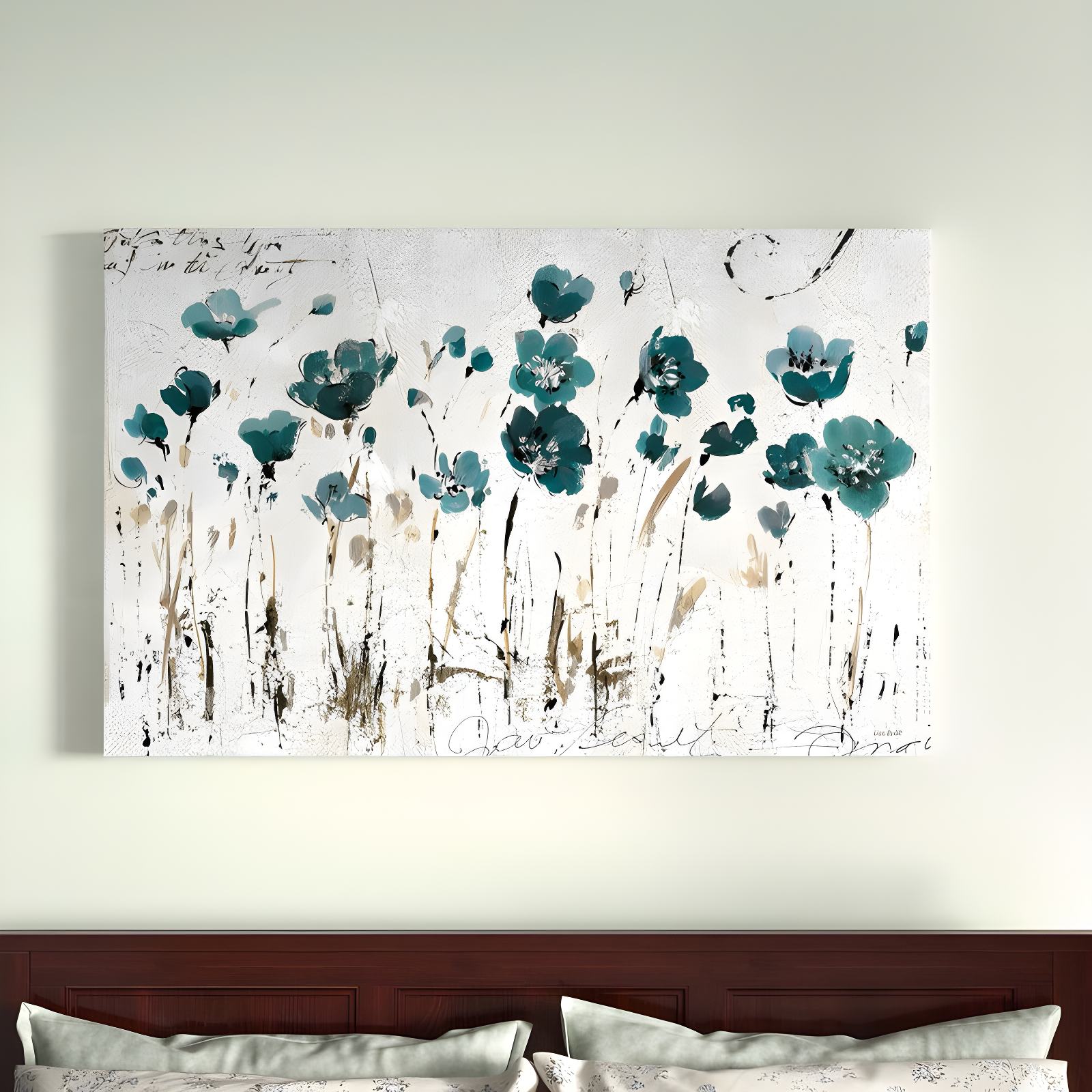 Abstract Blue Floral Canvas Art with Grey Background