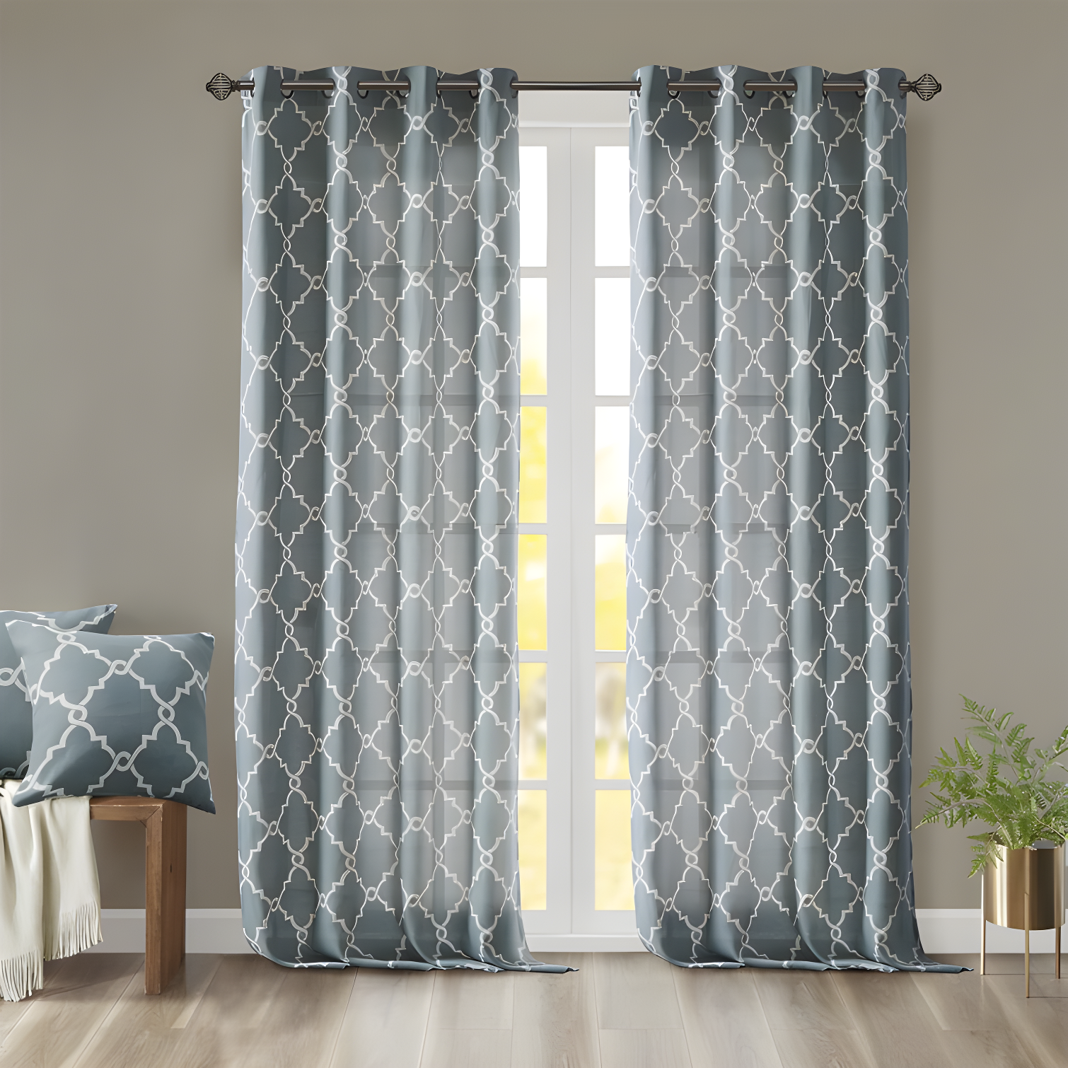 Blue and White Light-Filtering Grommet Cotton Blend Drapes