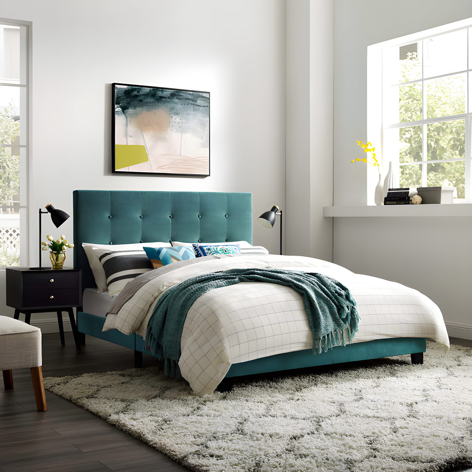 Sea Blue Queen Velvet Upholstered Platform Bed with Tufted Headboard