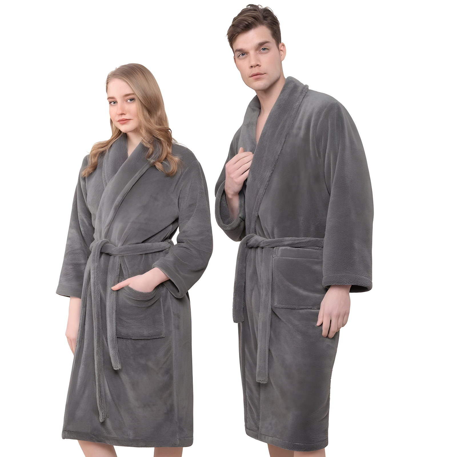 Gray Unisex Shawl Collar Fleece Bathrobe