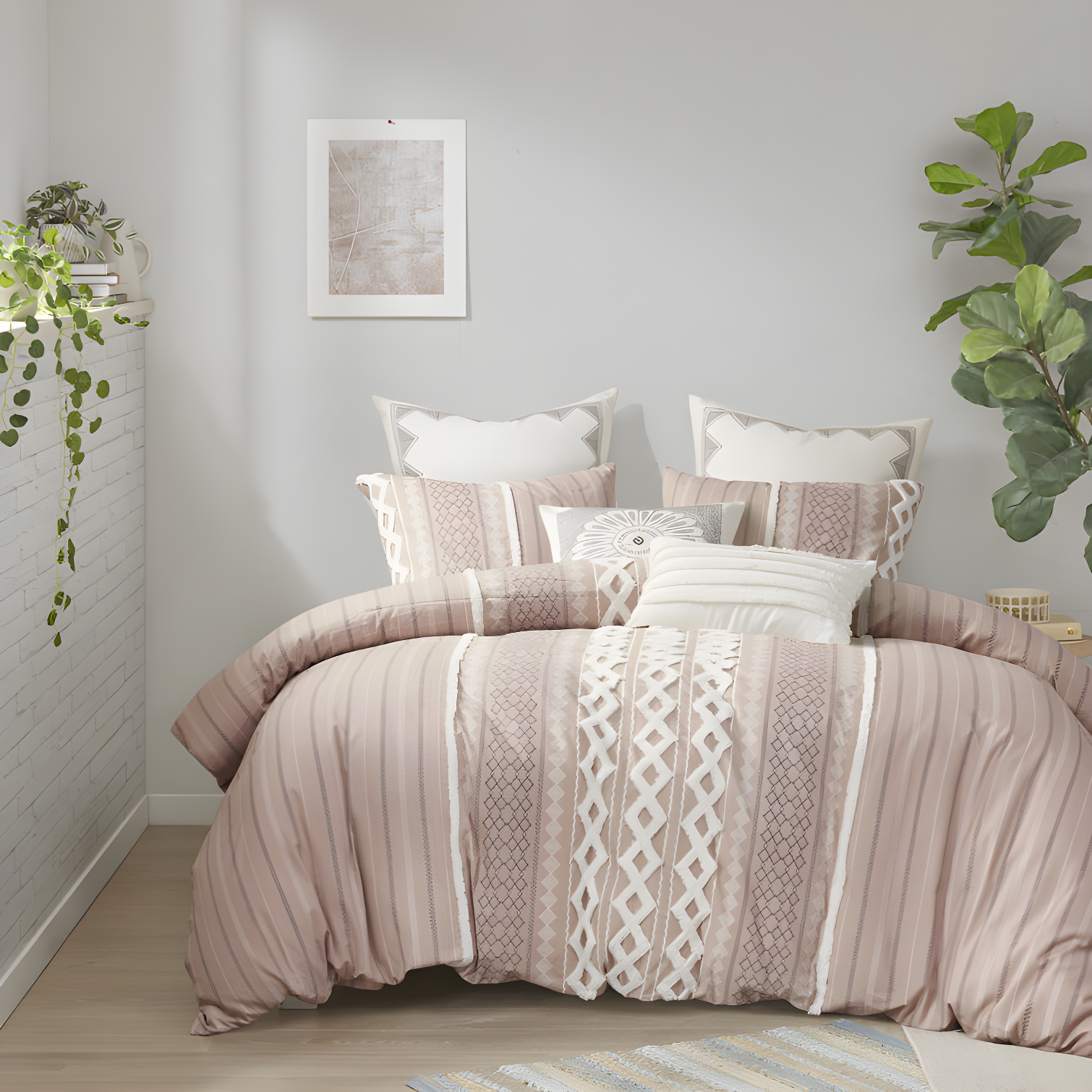 Blush Cotton Geometric Full/Queen Duvet Cover Set with Shams