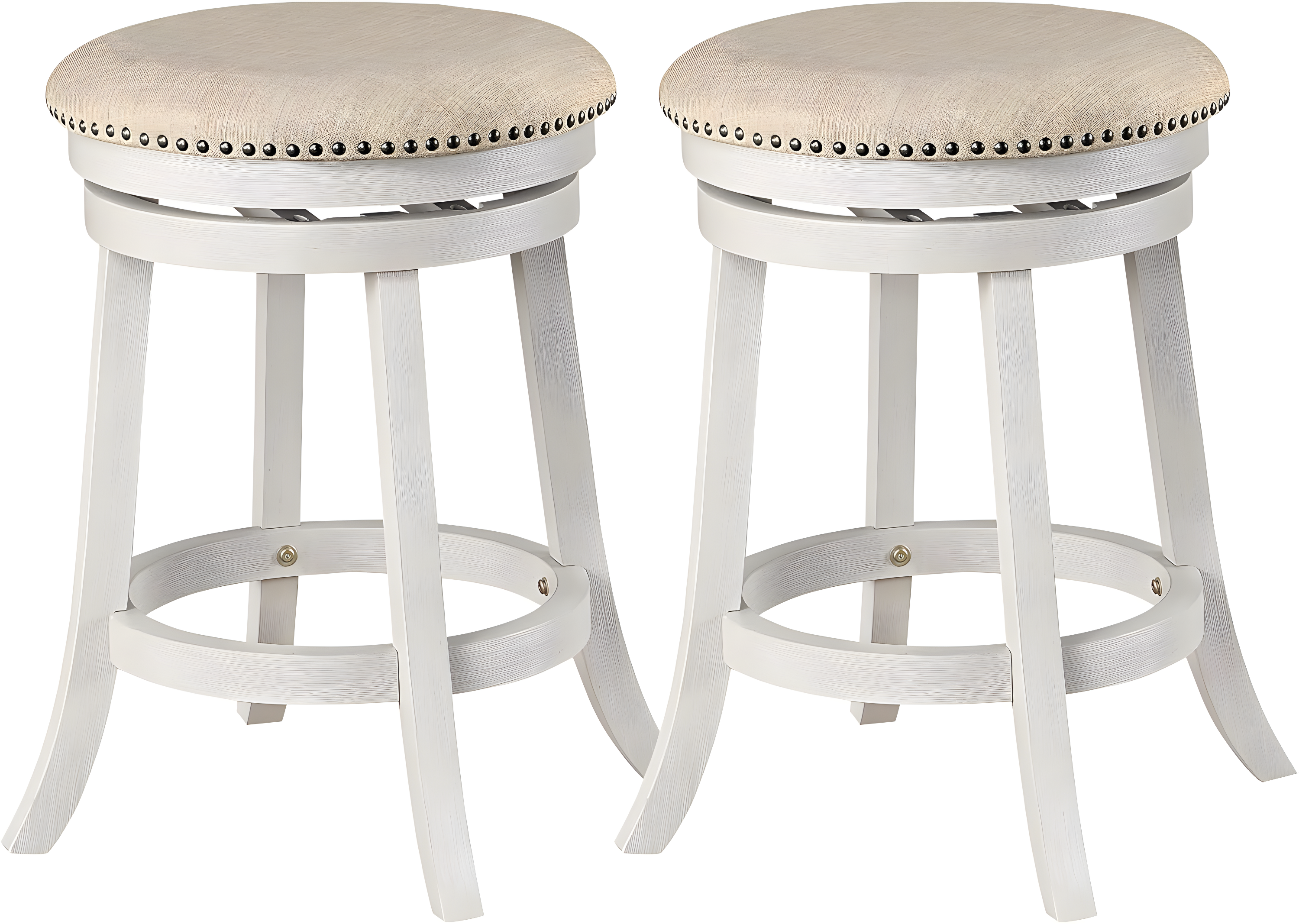 Beige Fabric Round Swivel Stool with White-Wash Wood Finish, 2-Pack