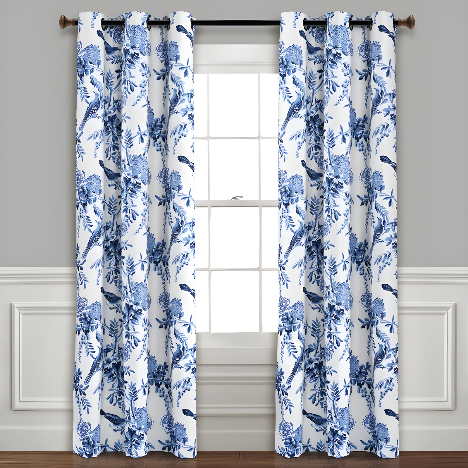 White and Blue Farmhouse Bird and Flower Blackout Curtain Panels