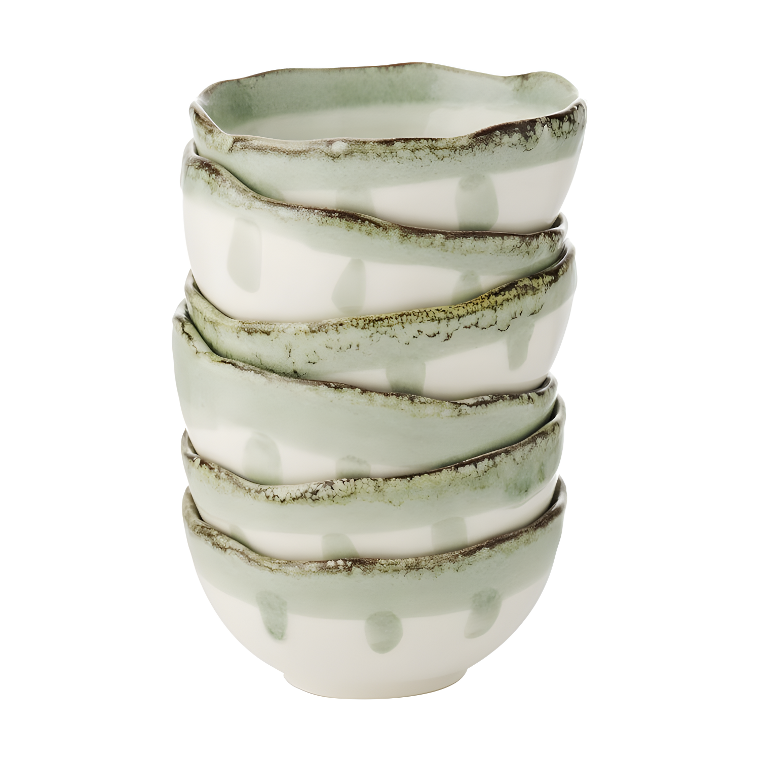 Green and White Ceramic 8 oz. Round Rice Bowls, Set of 6