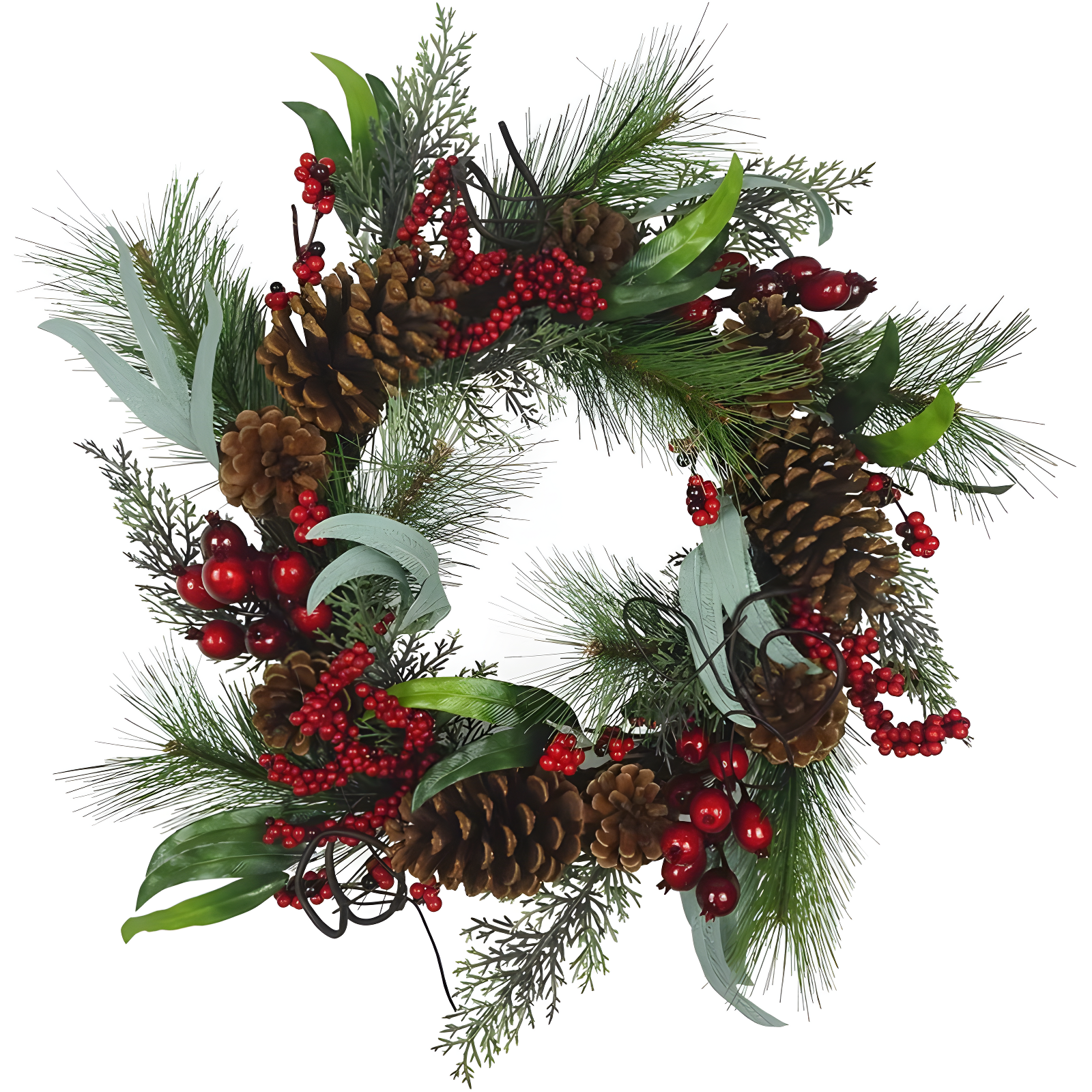 20-Inch Green and Red Artificial Christmas Wreath with Pine Cones