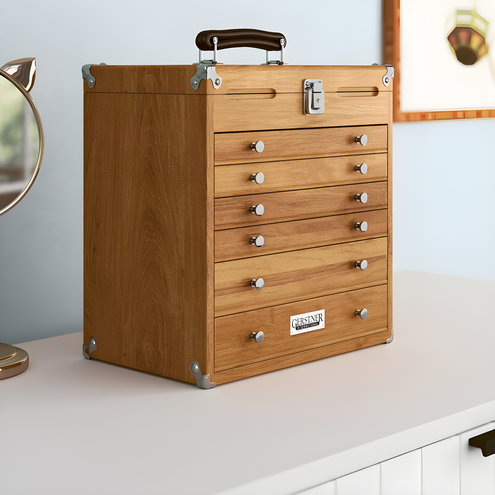 Red Oak 6-Drawer Lockable Collector's Chest with Handle