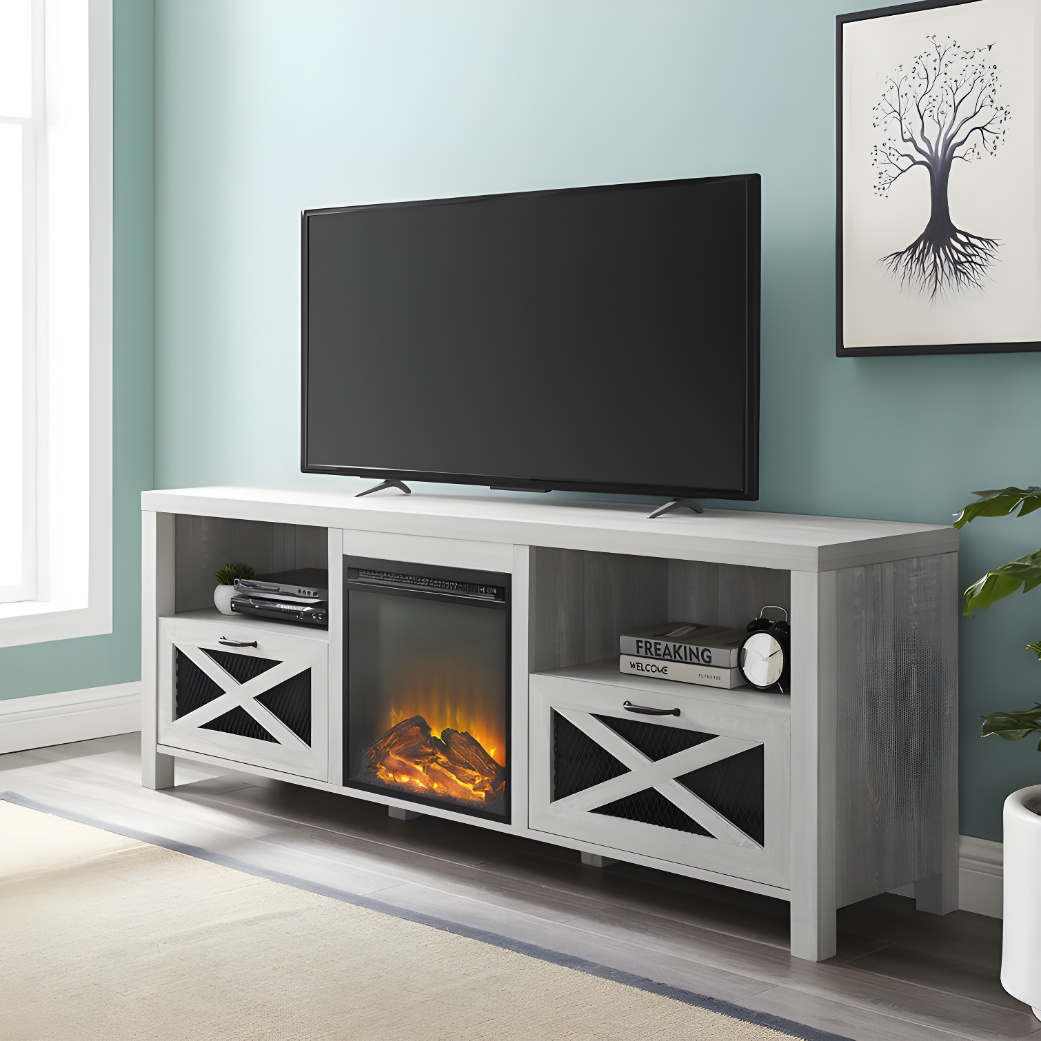 Stone Grey 70" Wood Media Console with Electric Fireplace