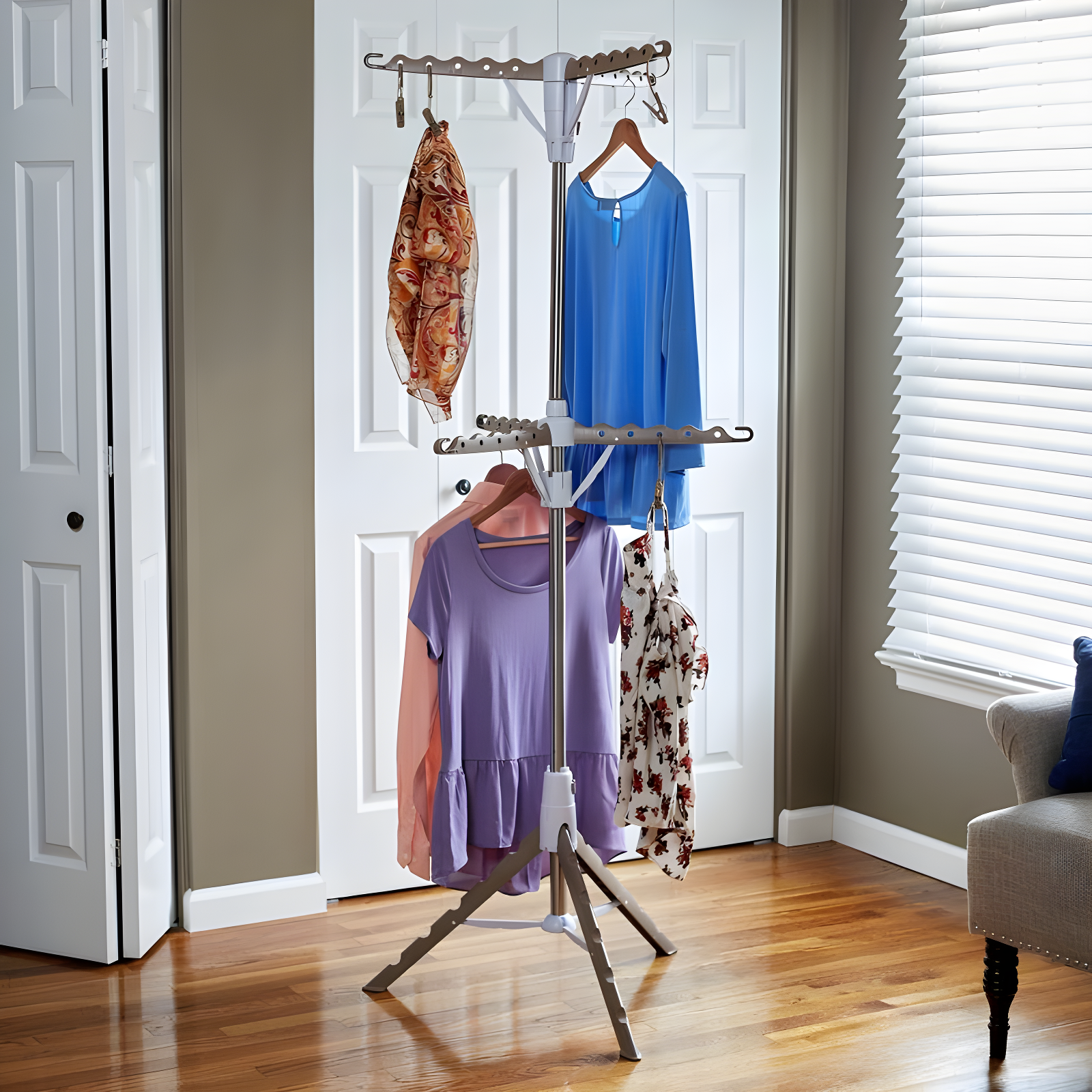 Multicolor 2-Tier Tripod Clothes Drying Rack with Clips