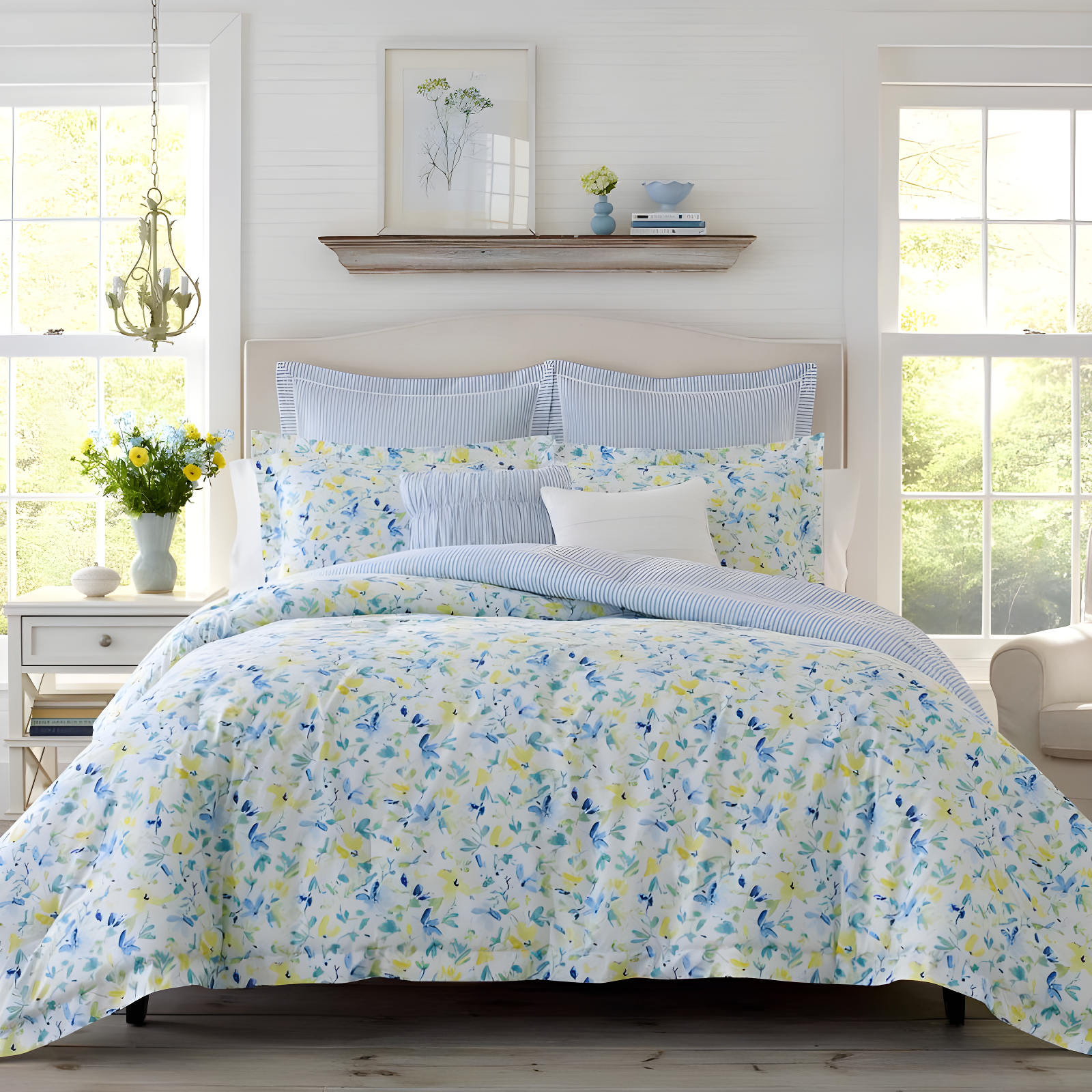 Full White Cotton Reversible Comforter Set with Floral Design