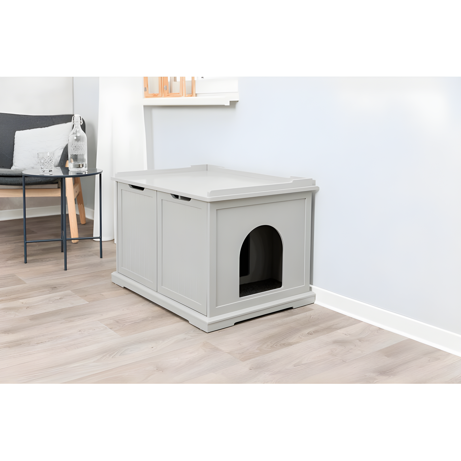 Gray XL Wooden Litter Box Enclosure with Double Doors