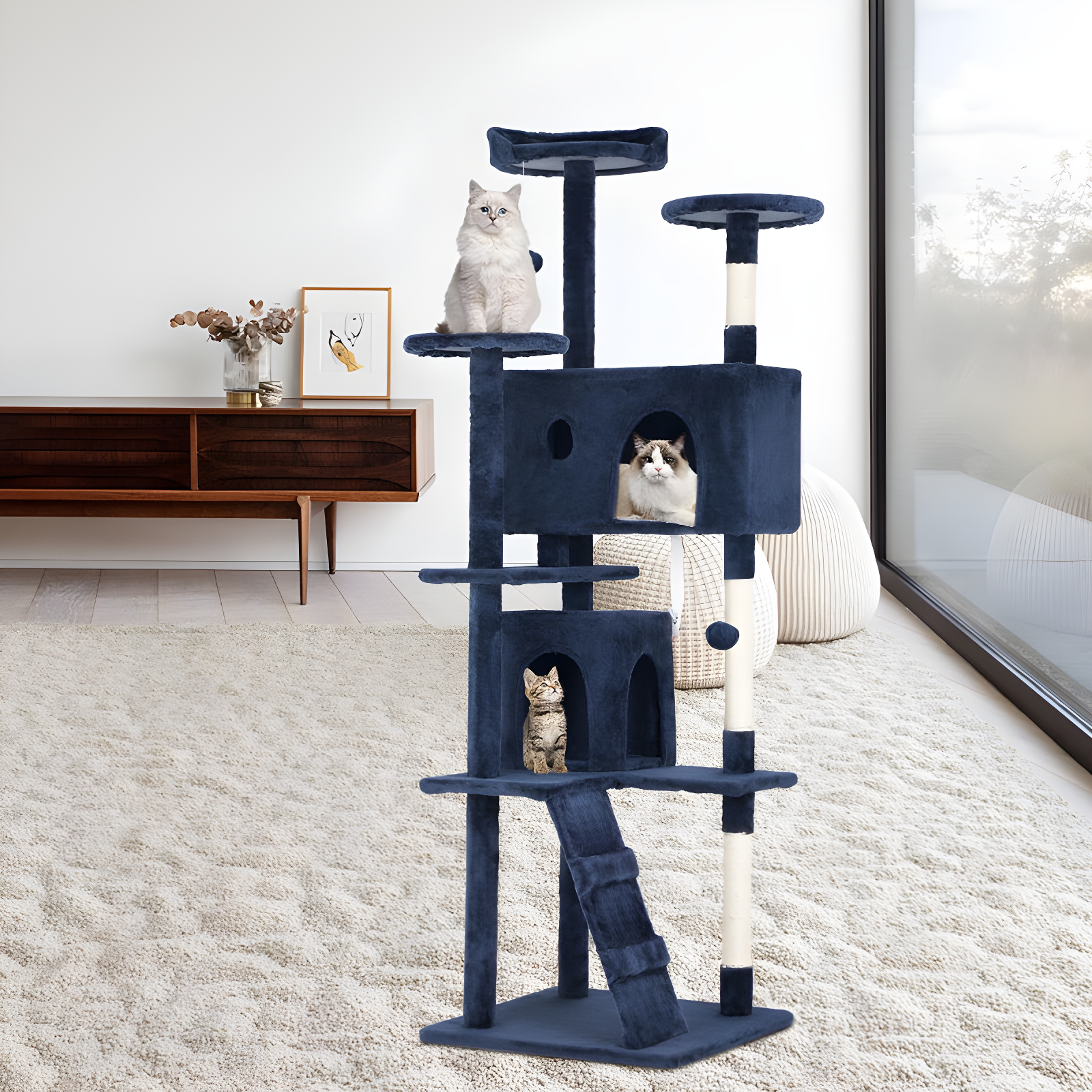 Large Navy Blue Multi-Level Cat Tree Tower with Sisal Scratching Posts