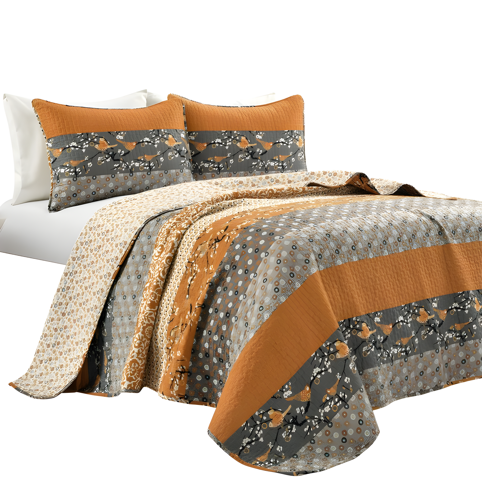 Rustic Gray and Orange Cotton Reversible Full Quilt Set