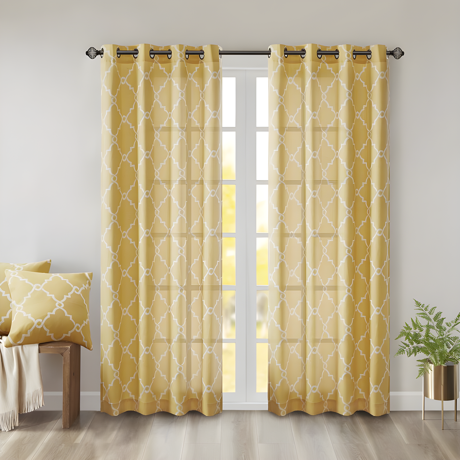 Yellow and White Light-Filtering Grommet Curtain Panel