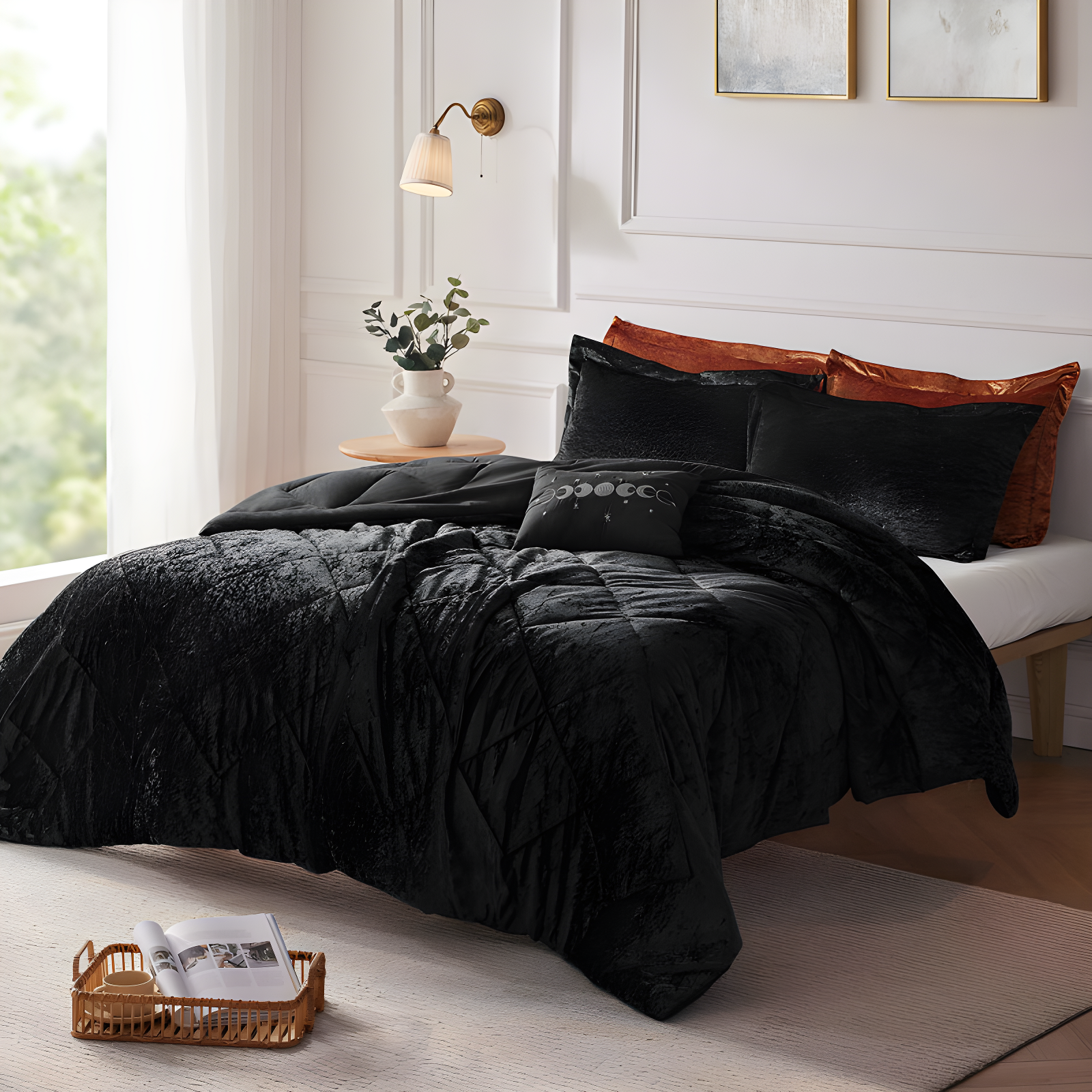 King Black Velvet Quilted Comforter Set with Decorative Pillow