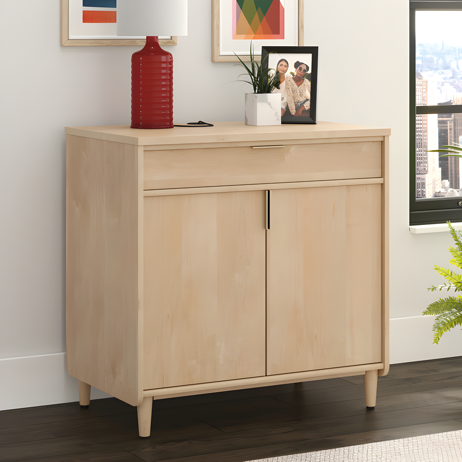 Natural Maple Adjustable 2-Door Storage Cabinet with Solid Wood Feet