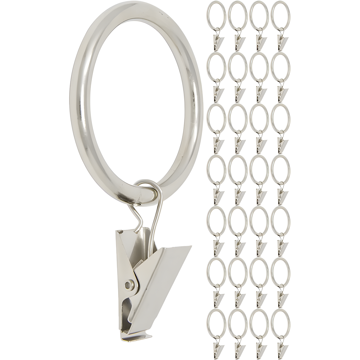 Satin Nickel 1.5-Inch Curtain Rings with Clips, Set of 28