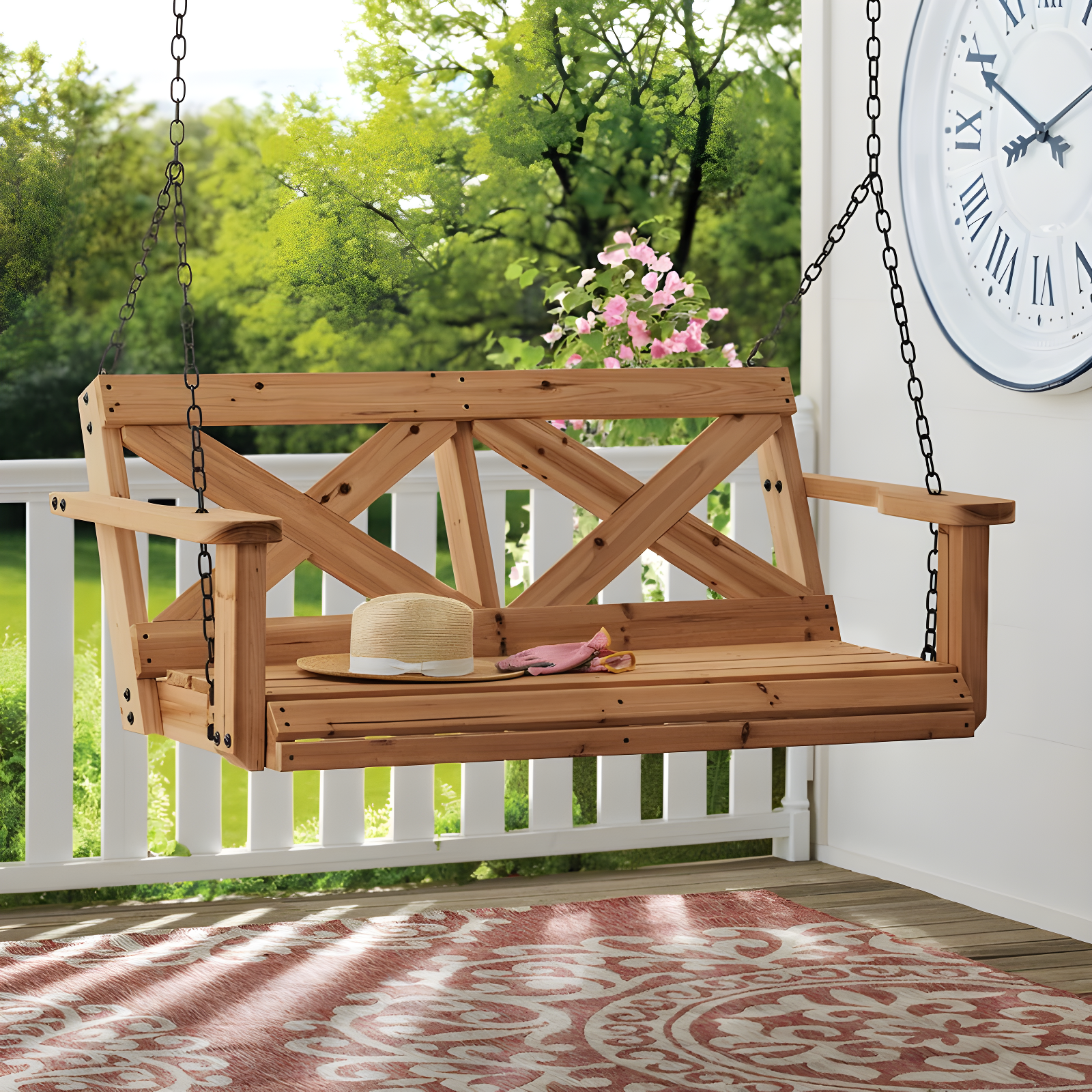 Farmhouse Cedar Outdoor Porch Swing with Chain and Oil Finish