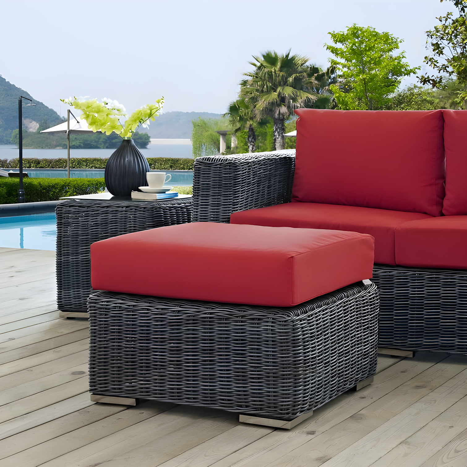 Summon Red Wicker Outdoor Patio Ottoman with Sunbrella Cushion