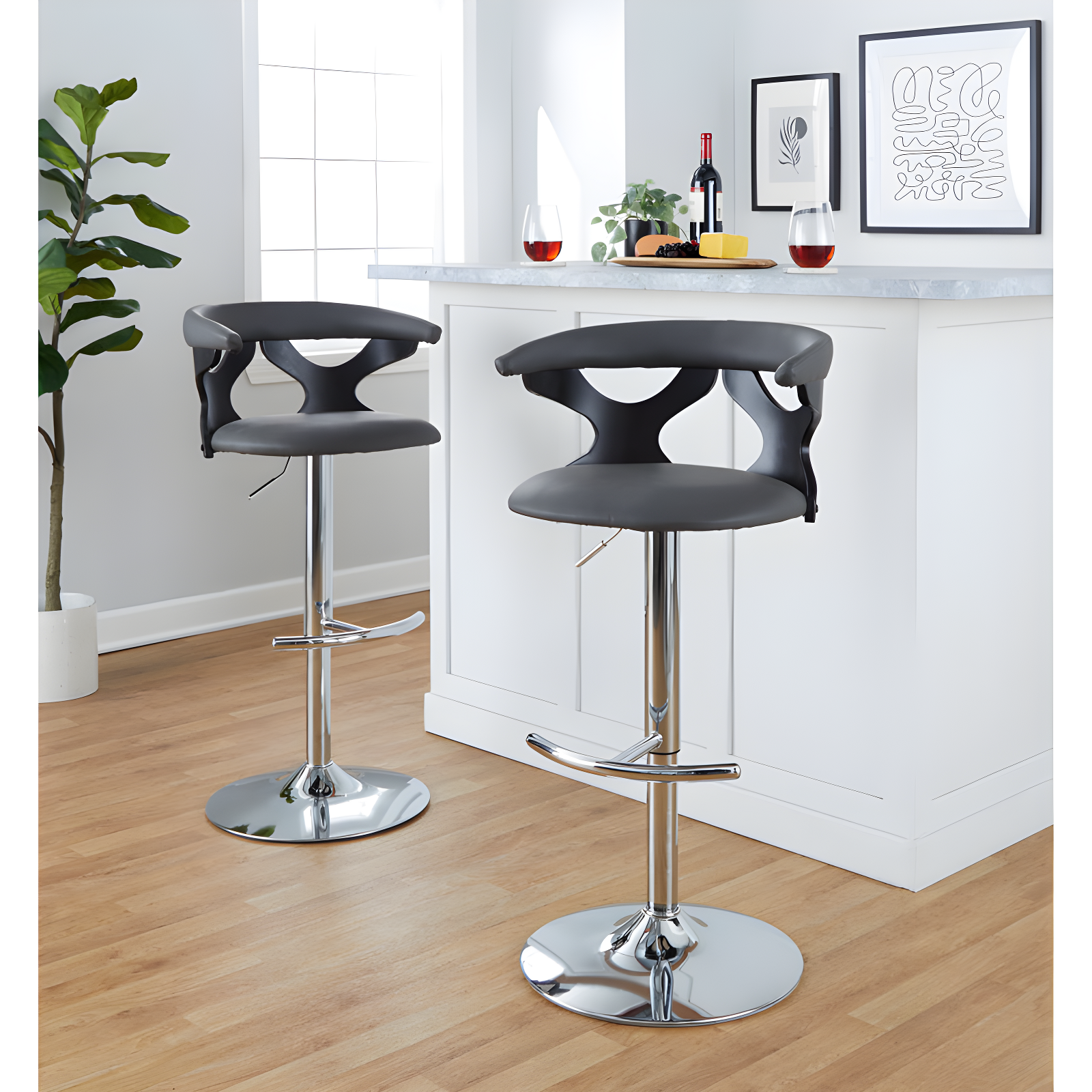 Gray Faux Leather Adjustable Swivel Barstool with Chrome Base