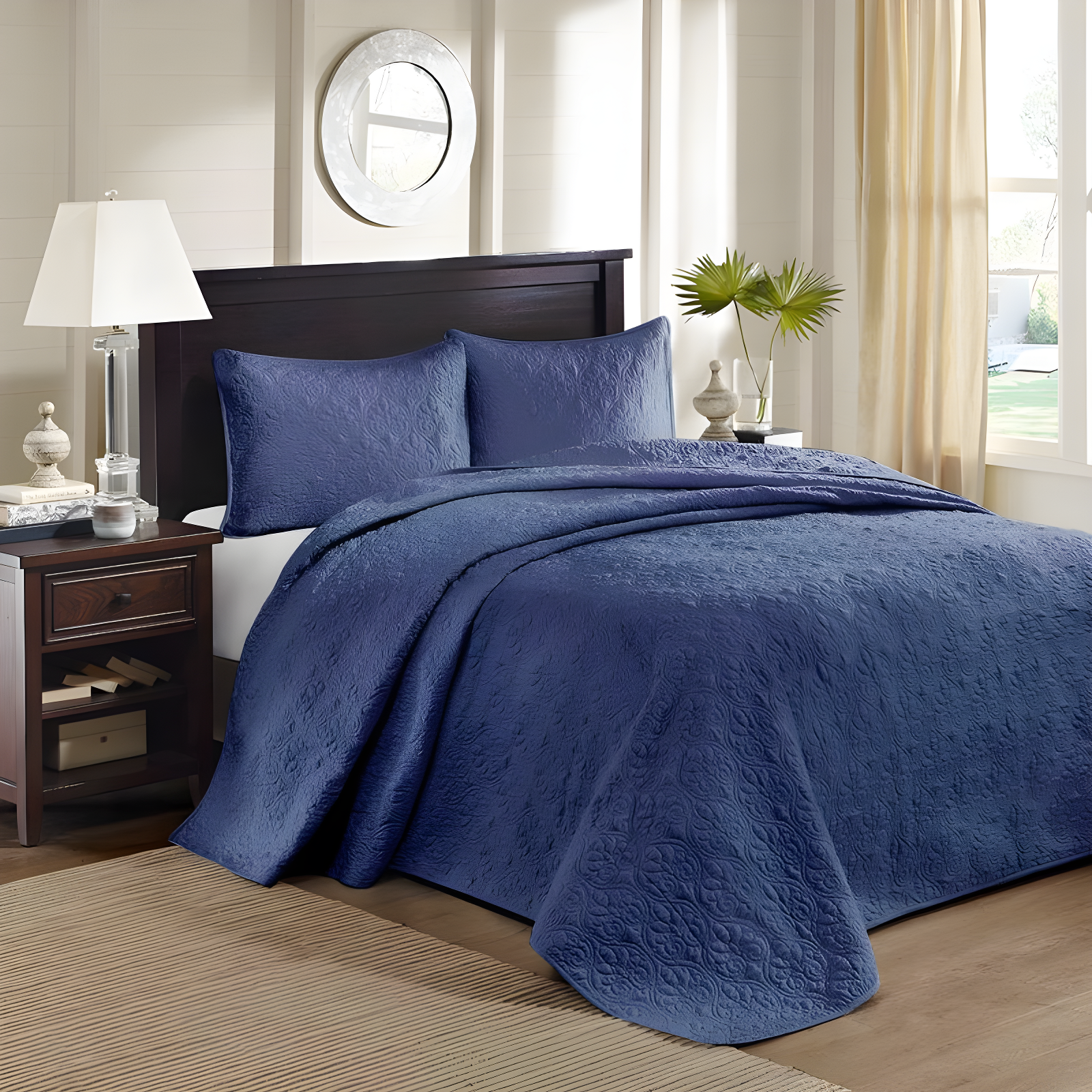 Navy King-Size Reversible Microfiber Bedspread Set with Classic Stitch