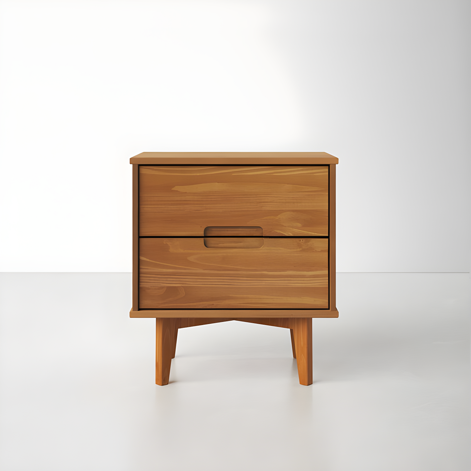 Caramel Solid Pine Mid-Century Modern Nightstand with Cutout Handles