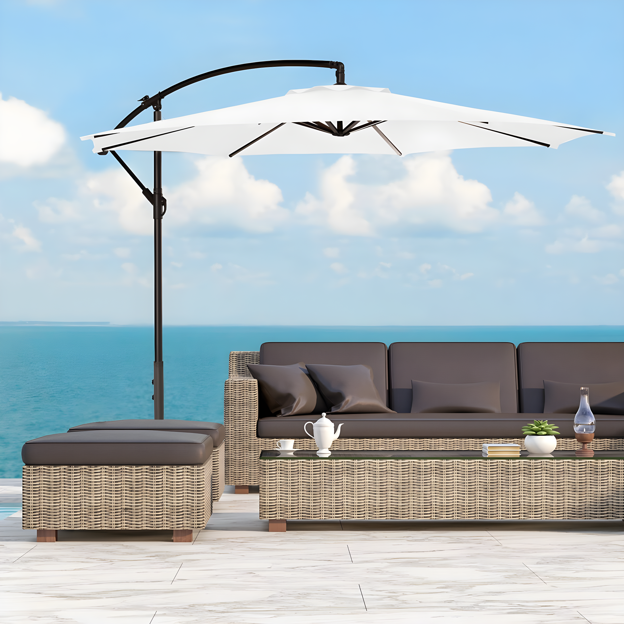 White 10-Foot Steel Cantilever Hanging Patio Umbrella