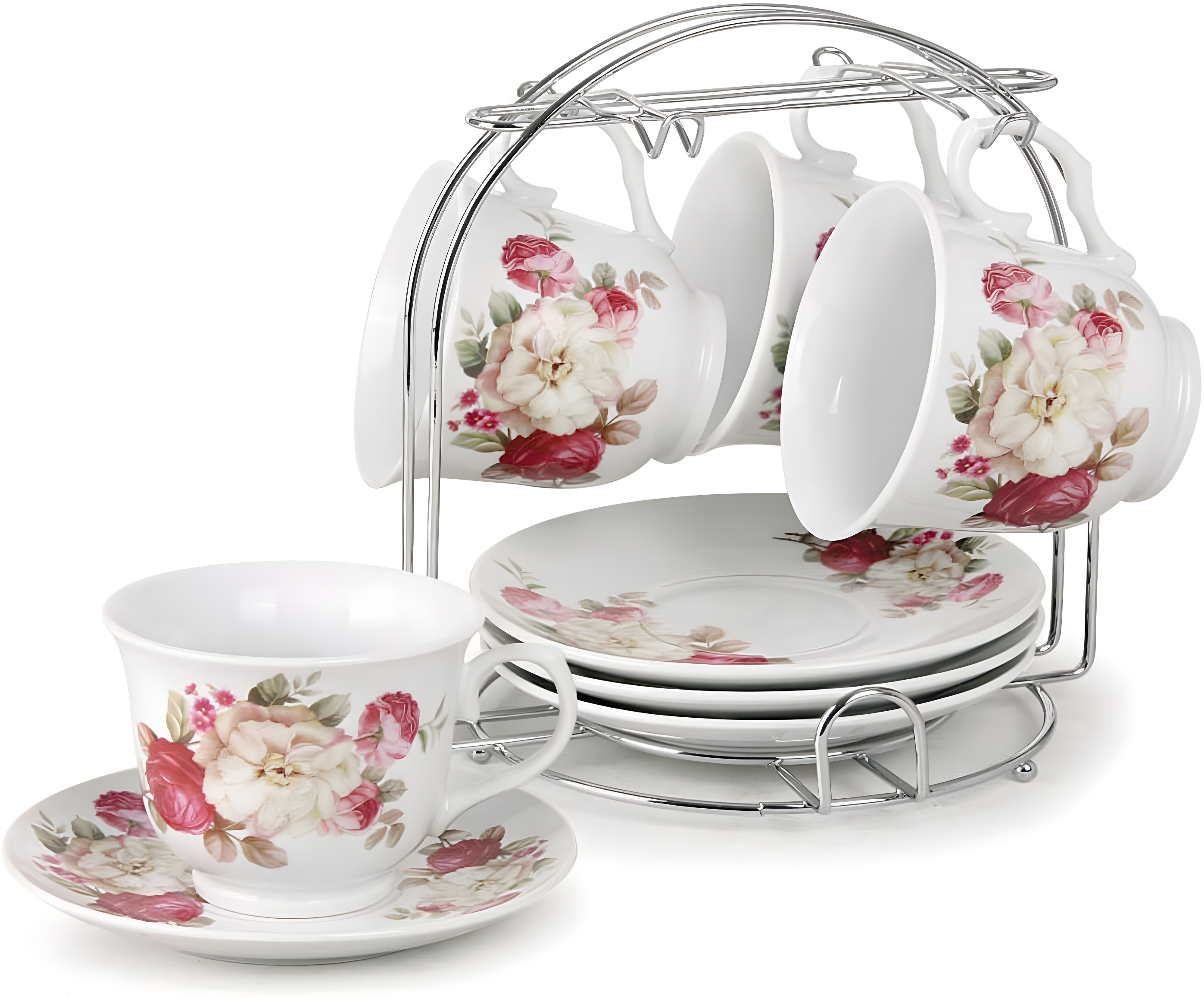 Floral Ceramic Teacup and Saucer Set with Stand, 8-Piece