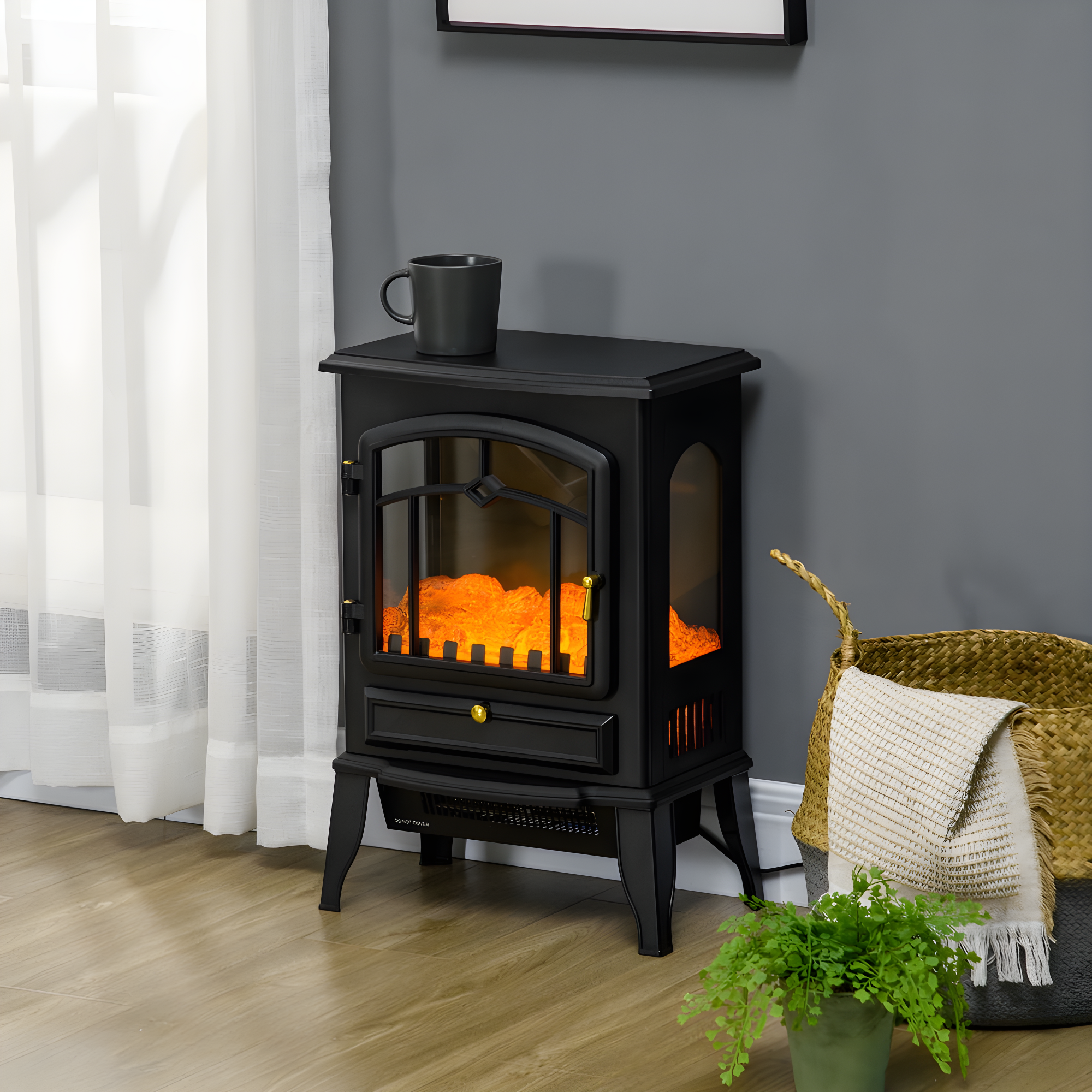 Black Electric Freestanding Fireplace Heater with Realistic Flame