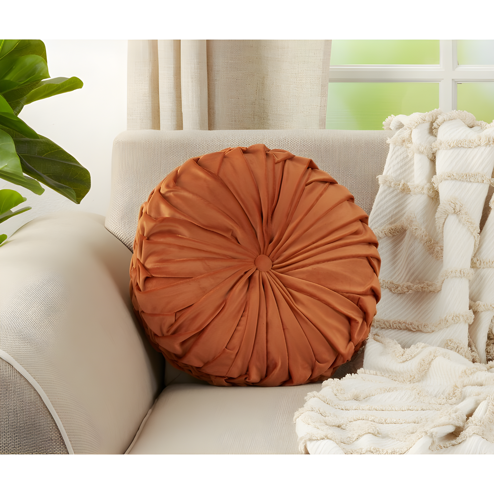 14" Burnt Orange Velvet Round Pintucked Throw Pillow