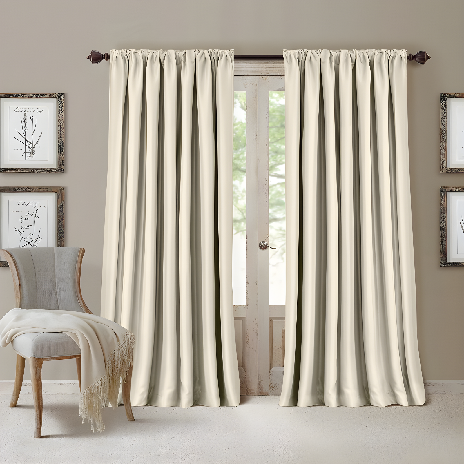 Ivory Wide Blackout Faux Silk Pleated Window Drapes