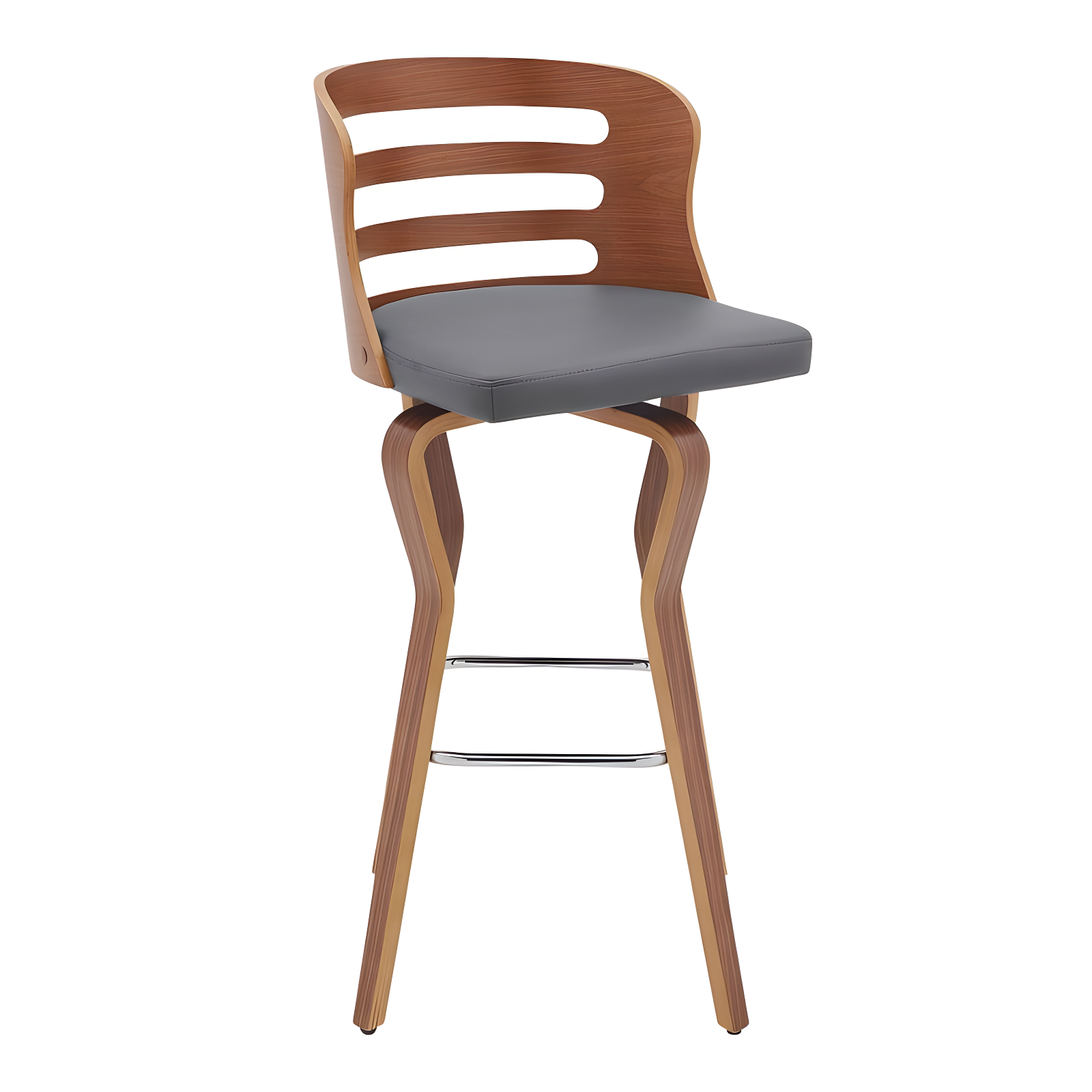 30" Gray Faux Leather and Walnut Wood Swivel Bar Stool