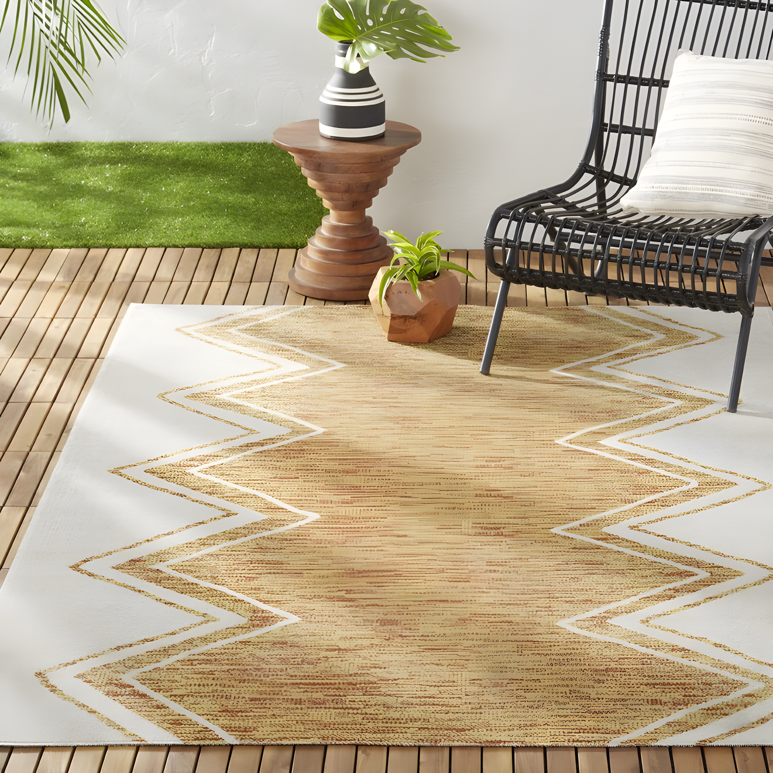 Sofia Leon Ivory/Mustard Modern Zig Zag Indoor/Outdoor Area Rug