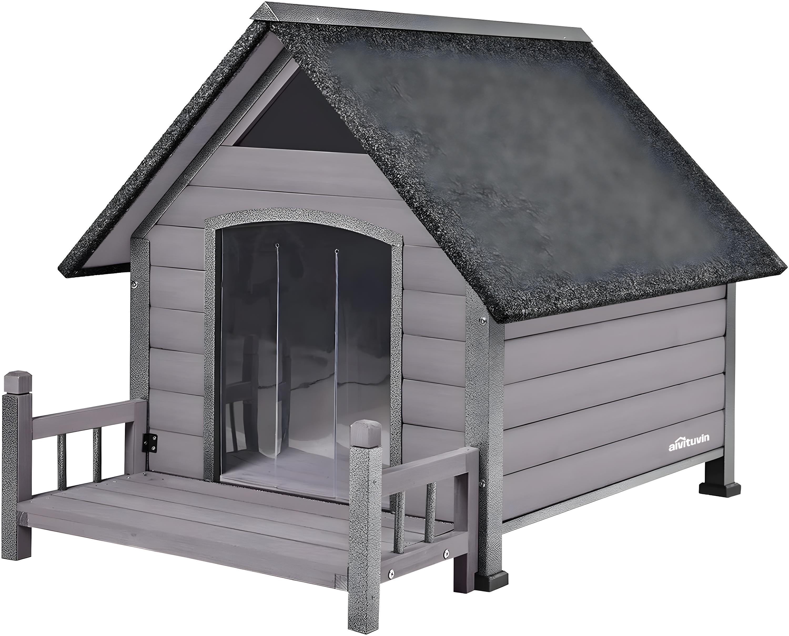 Gray Wooden Small Dog House with Metal Frame and Porch