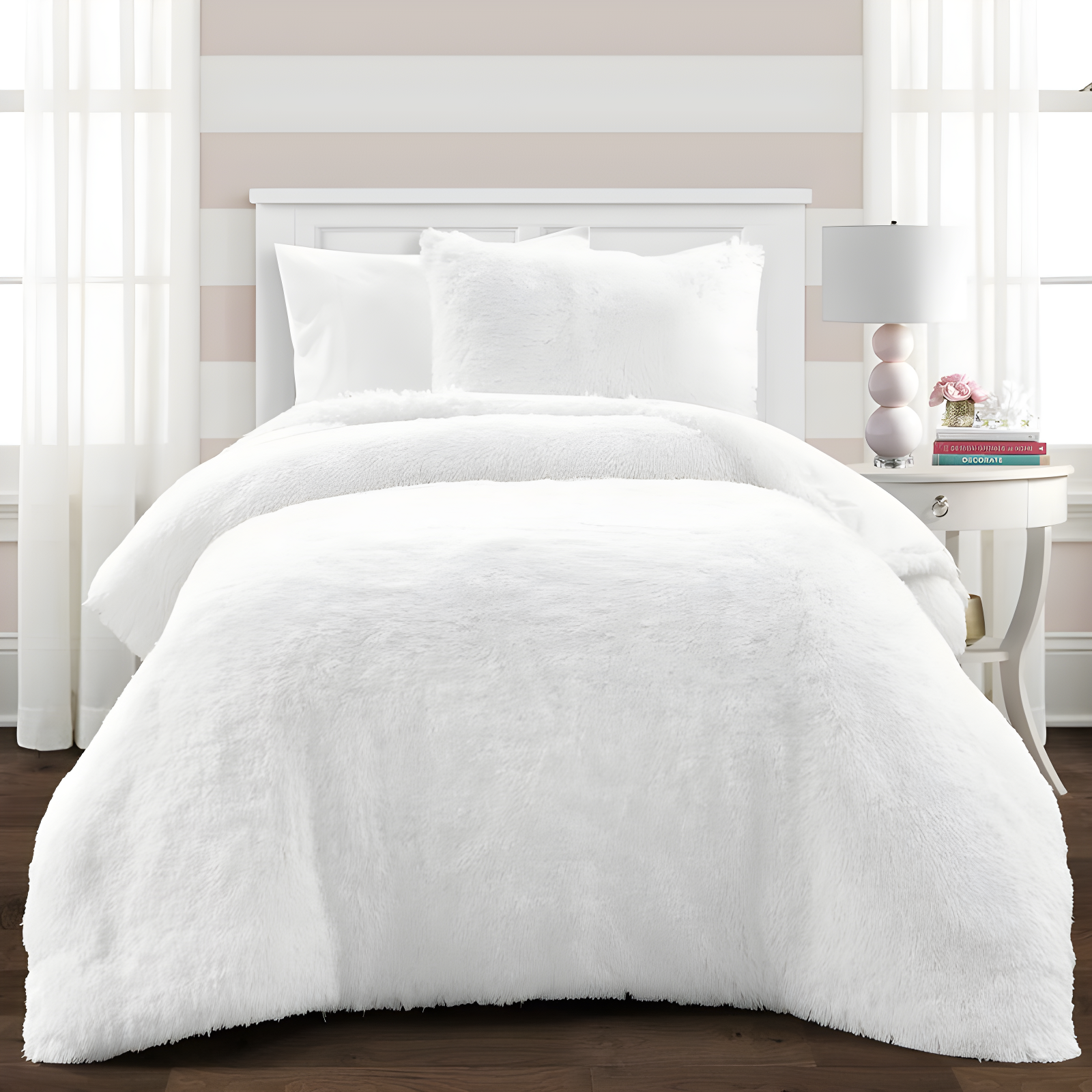 Full White Faux Fur Reversible Comforter Set