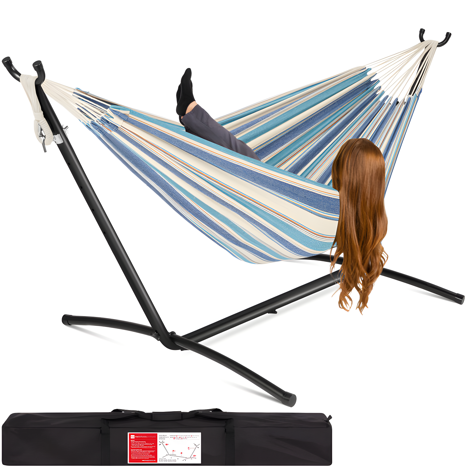 Ocean Blue Striped Cotton Double Hammock with Steel Stand