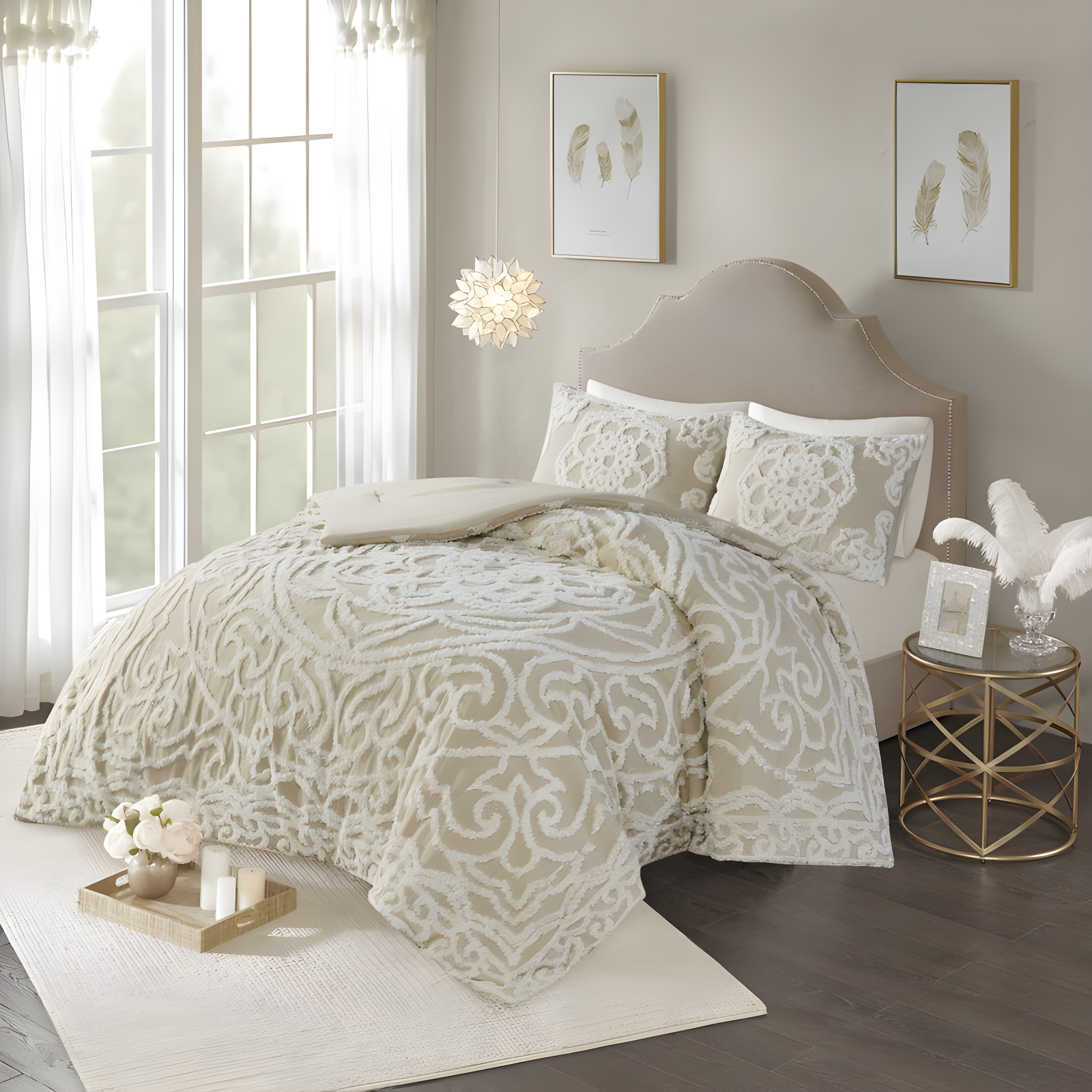 Taupe Full Cotton Chenille Medallion Comforter Set