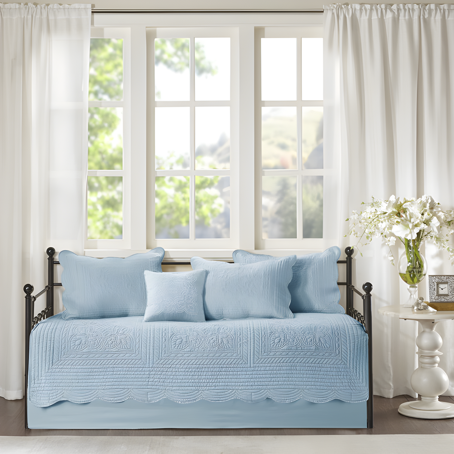 Blue Microfiber Reversible Scalloped Edge Daybed Cover Set