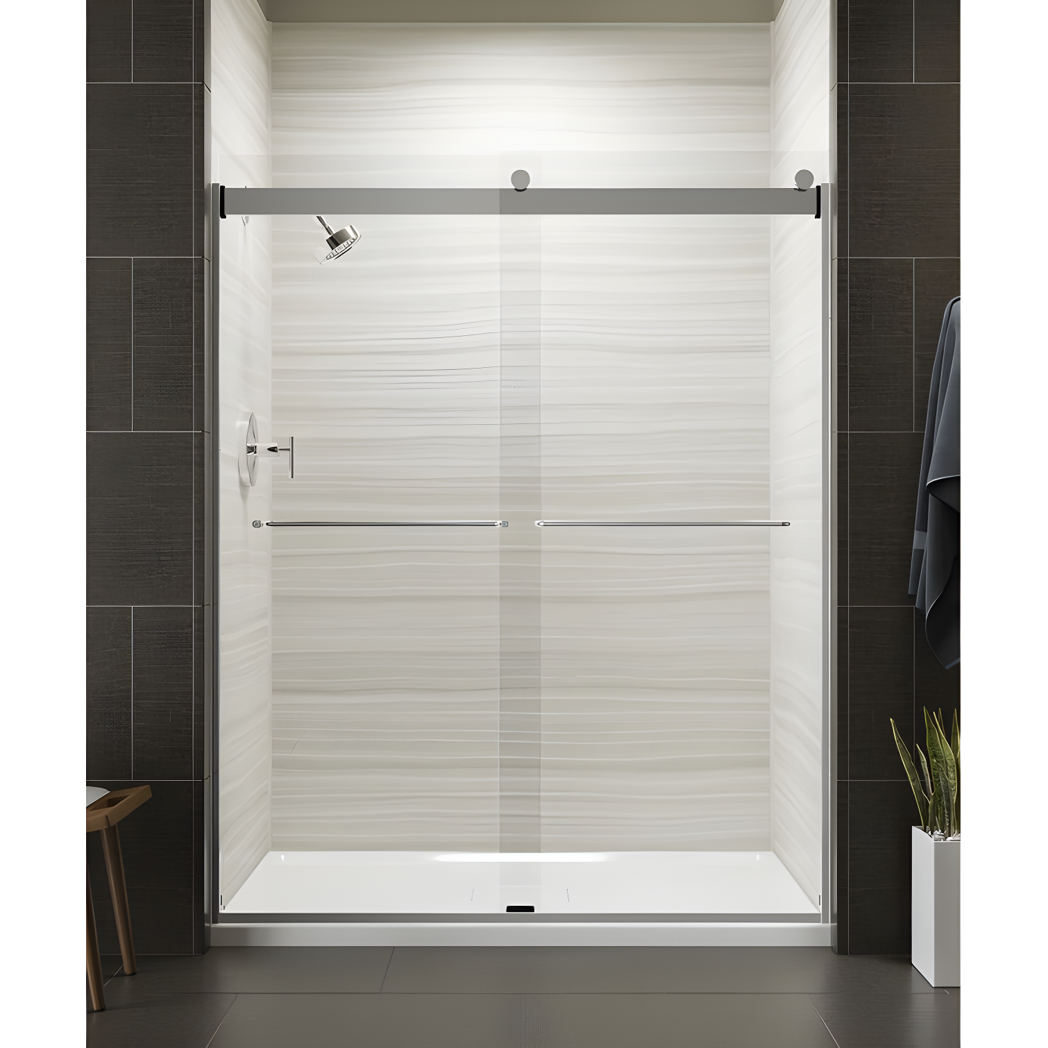 Levity Bright Silver 59.63" x 74" Sliding Shower Door with Crystal Clear Glass