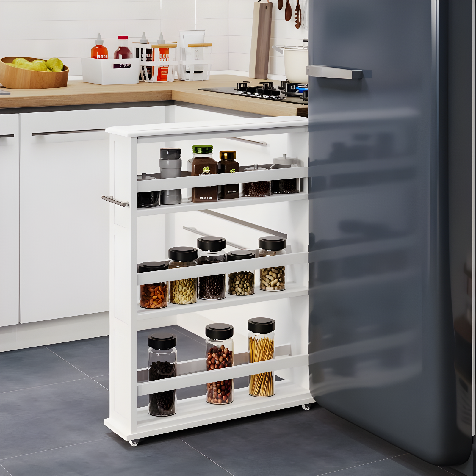 White Slim Rolling Kitchen Cart with Handle and Wheels