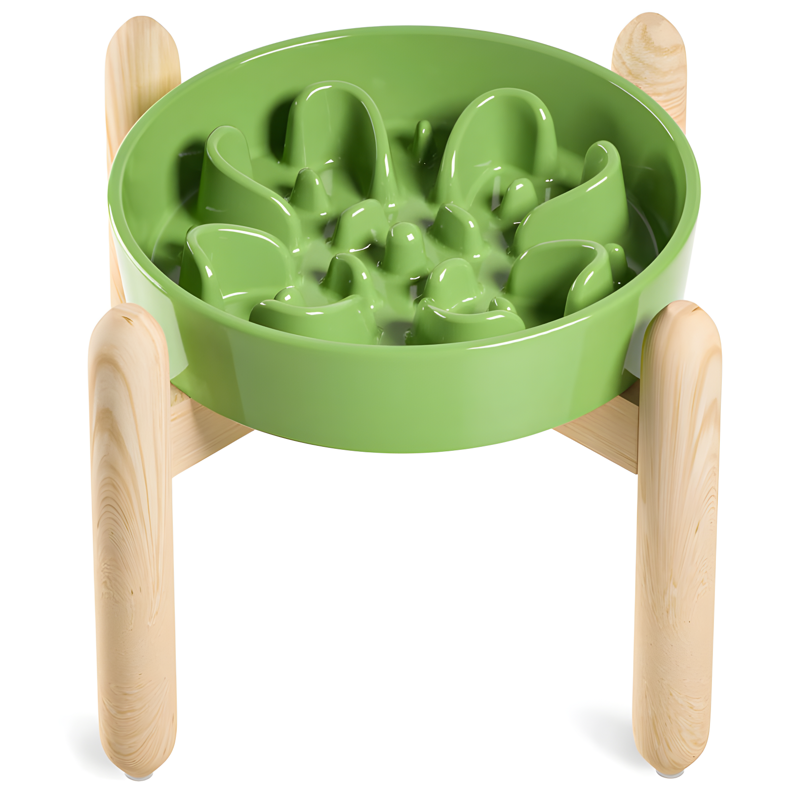 Green Ceramic Slow Feeder Dog Bowl with Wooden Stand