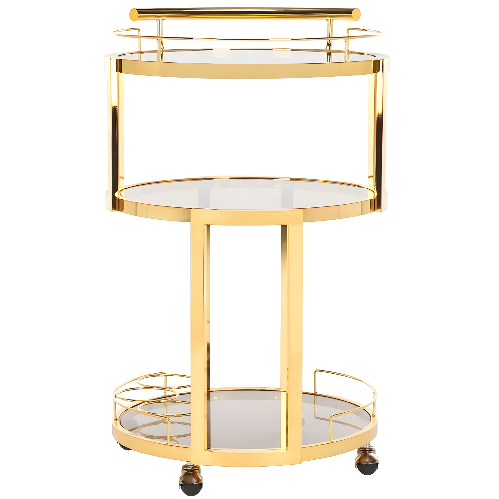 Transitional Gold Tinted Glass 3-Tier Round Bar Cart with Wine Rack